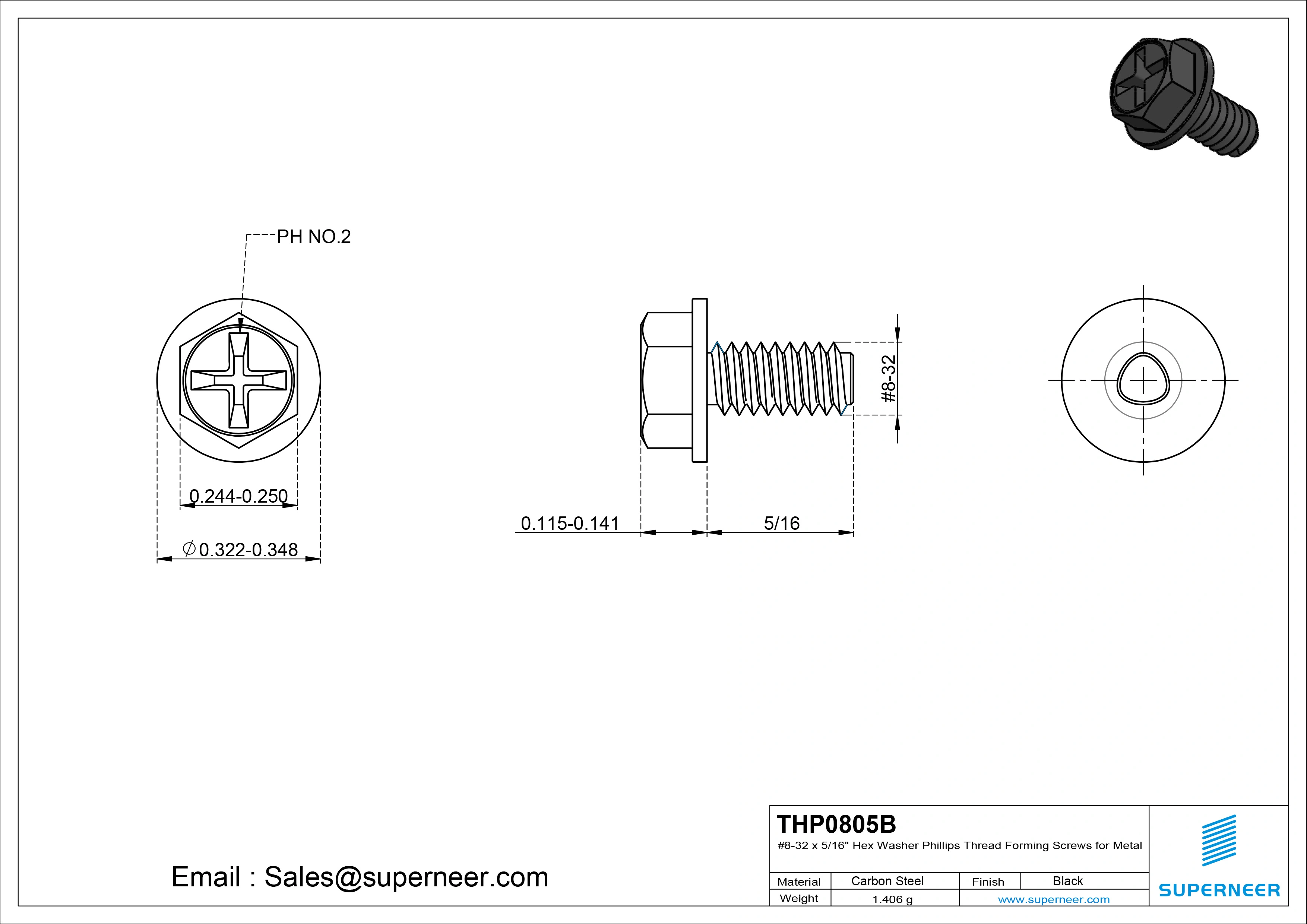 8-32 &times; 5/16 Hex Washer Phillips Thread Forming  Screws for Metal  Steel Black