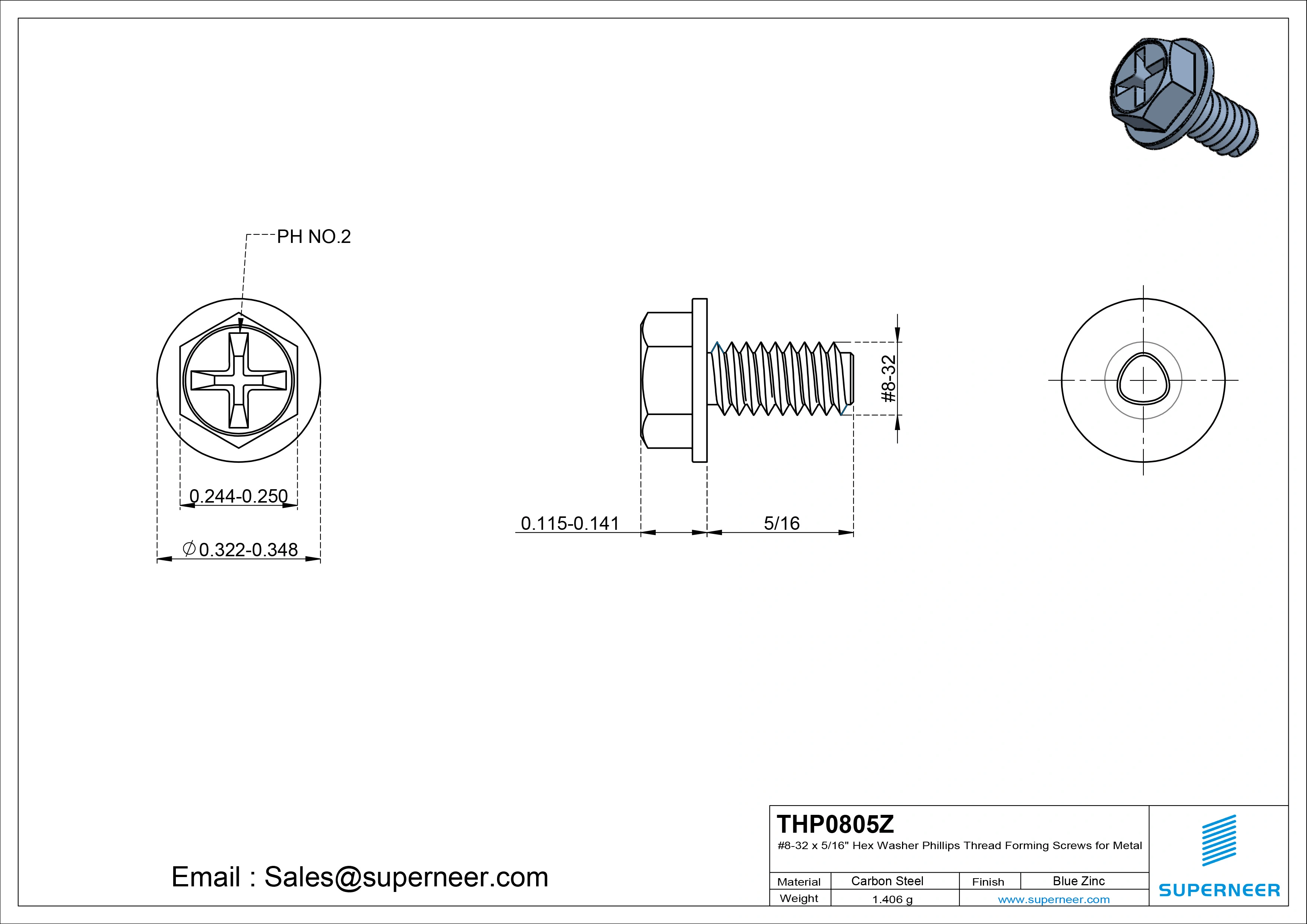 8-32 &times; 5/16 Hex Washer Phillips Thread Forming  Screws for Metal  Steel Blue Zinc Plated