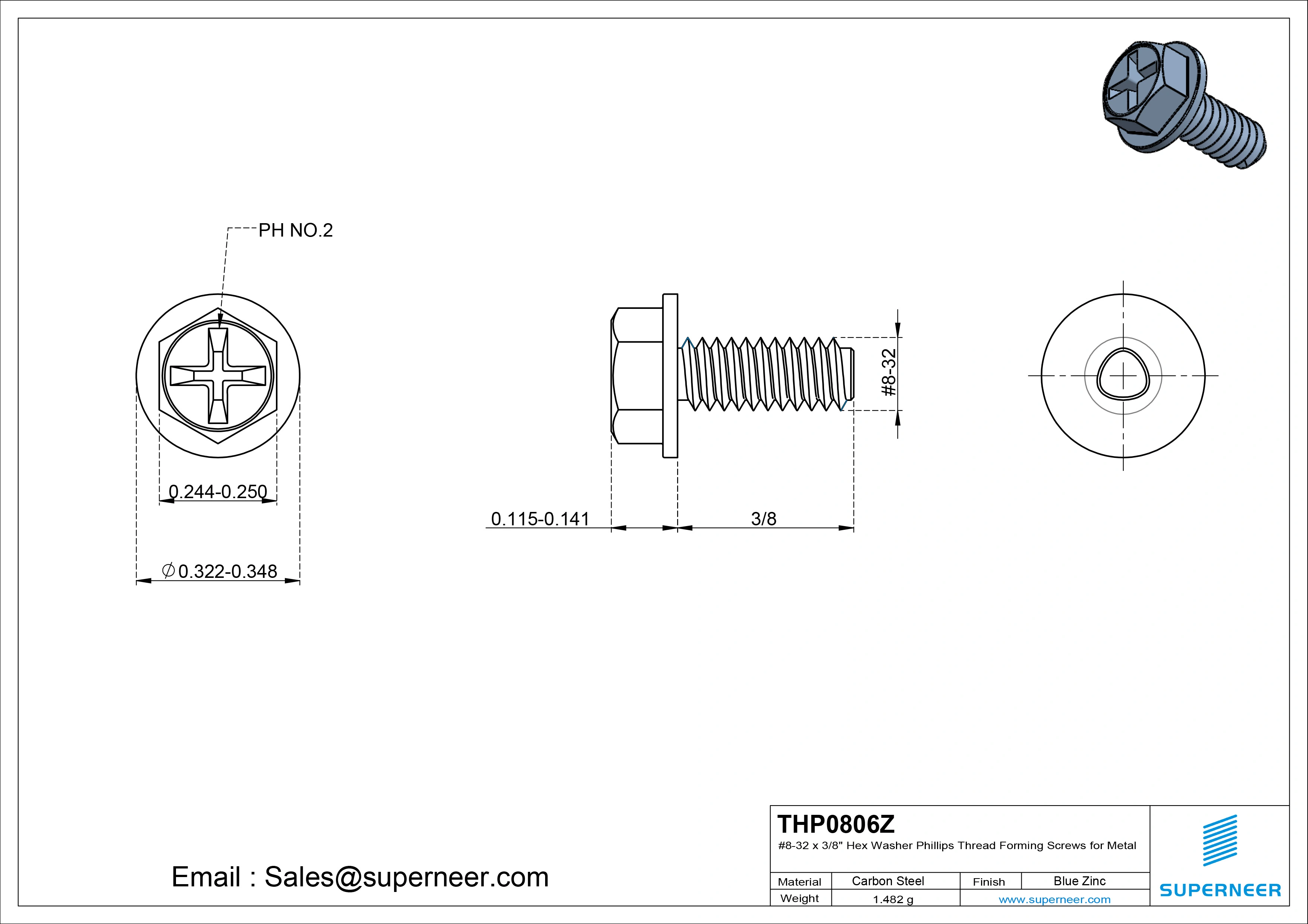 8-32 &times; 3/8 Hex Washer Phillips Thread Forming  Screws for Metal  Steel Blue Zinc Plated