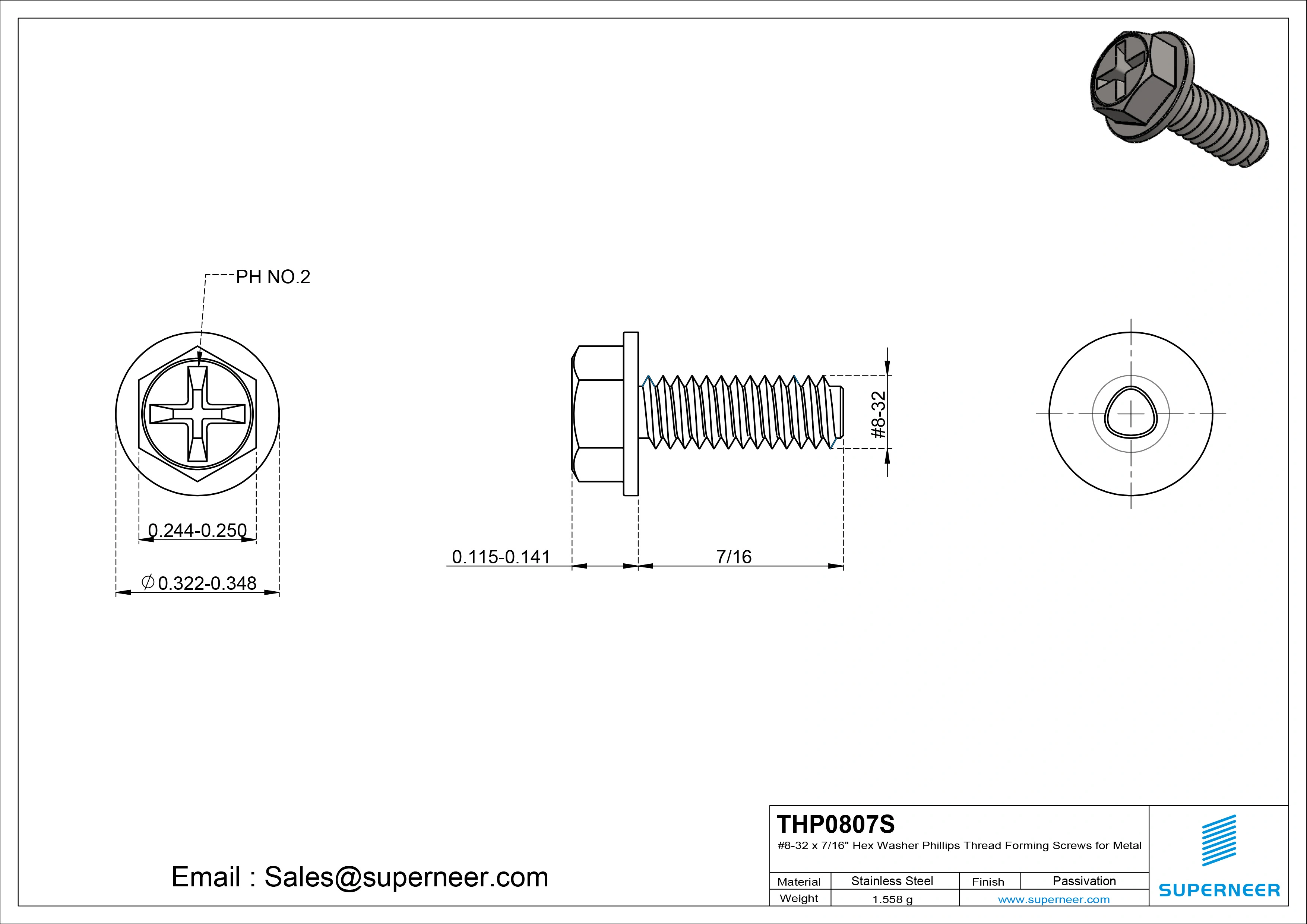 8-32 &times; 7/16 Hex Washer Phillips Thread Forming  Screws for Metal  SUS304 Stainless Steel Inox