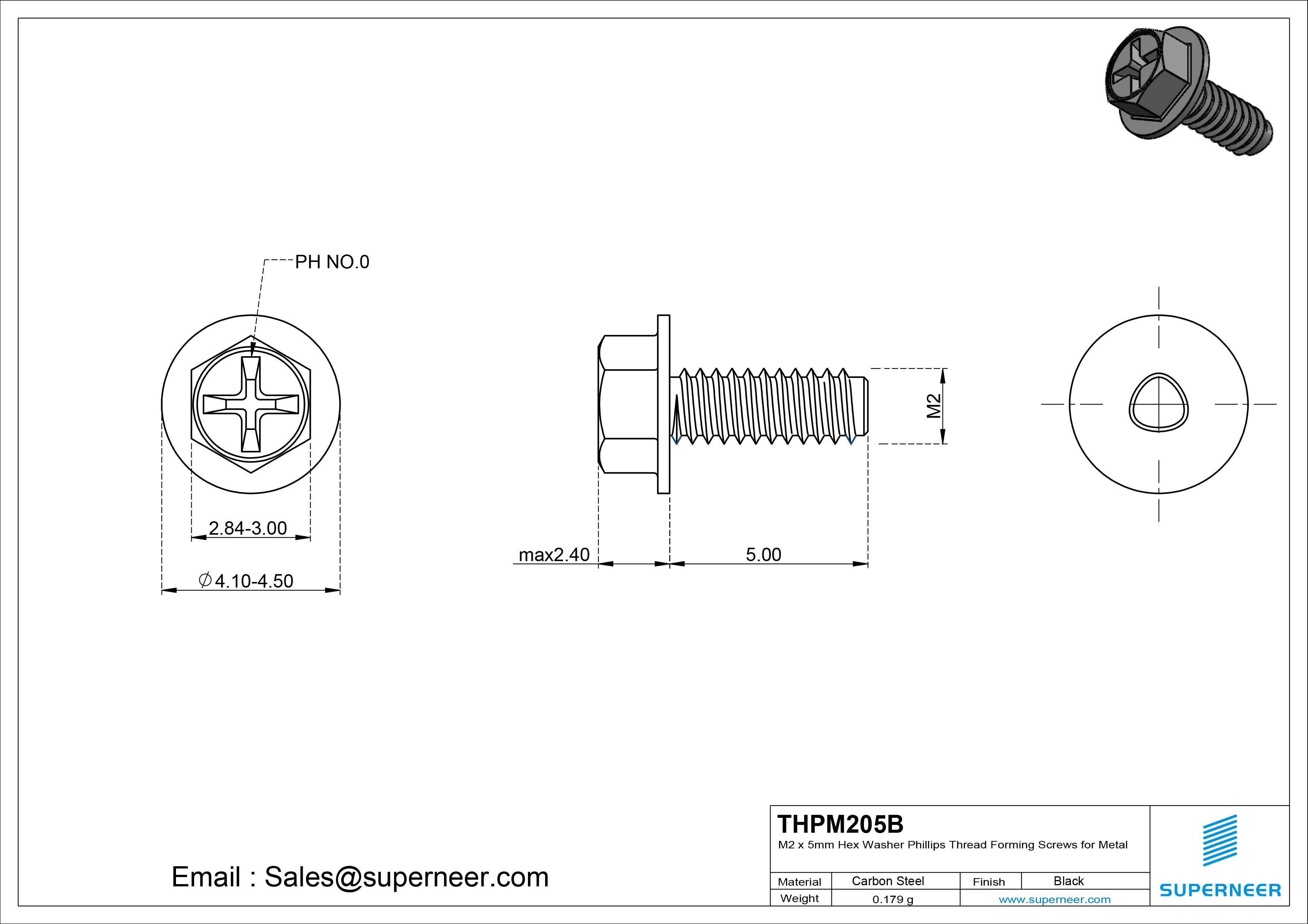 M2 &times; 5mm Indented Hex Washer Phillips Thread Forming Screws for Metal Steel Black