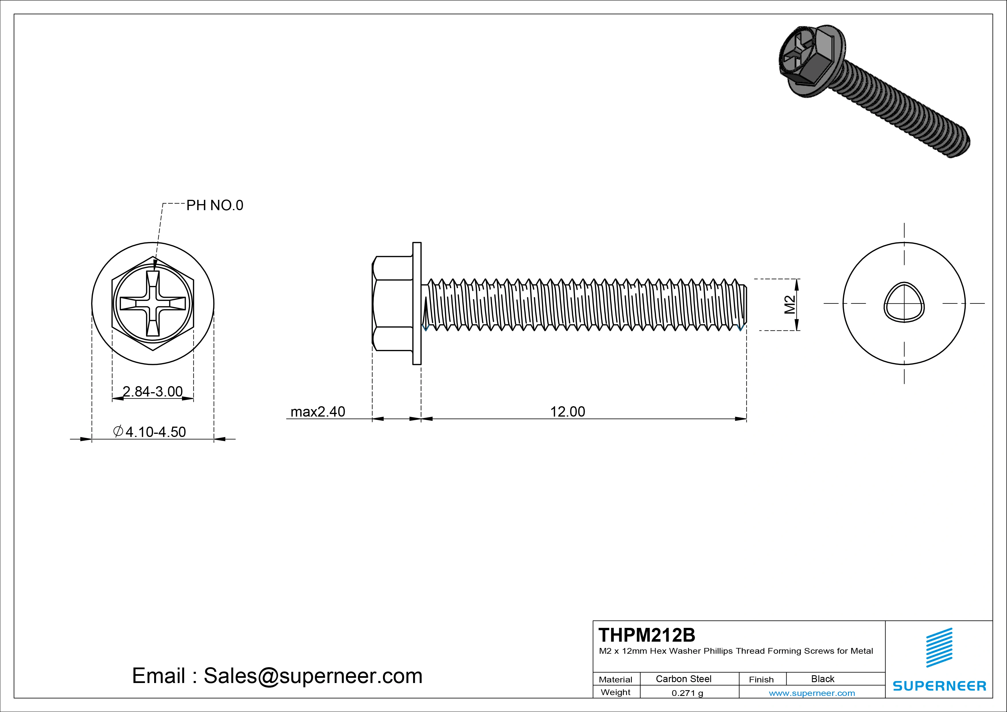 M2 &times; 12mm Indented Hex Washer Phillips Thread Forming Screws for Metal Steel Black