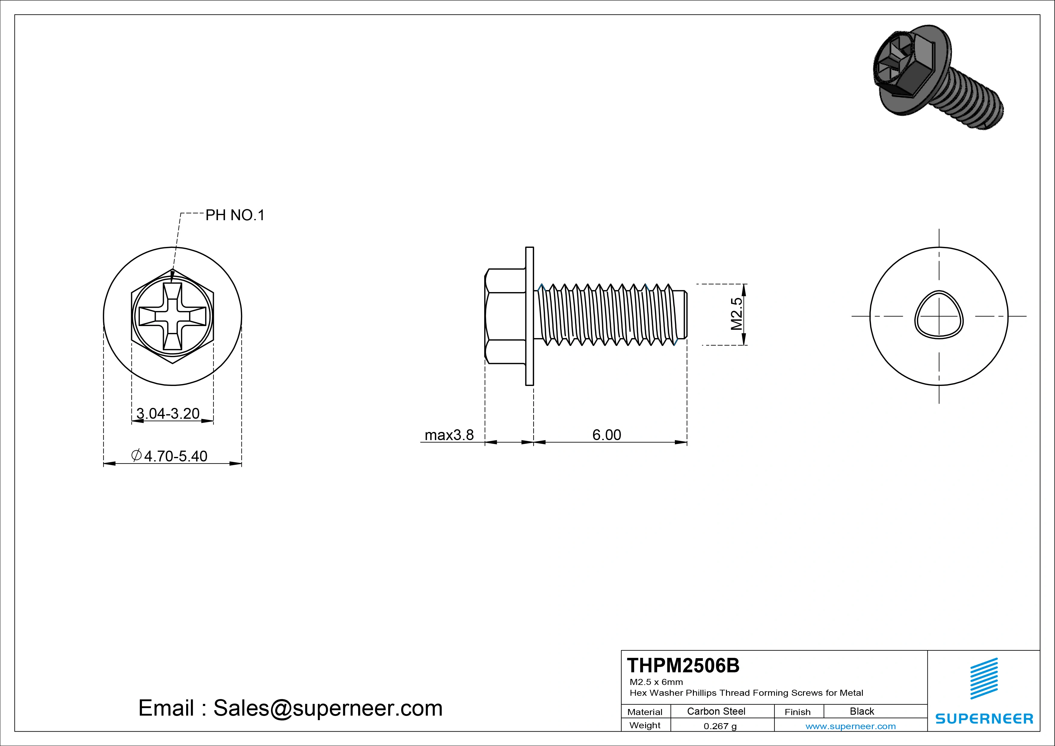 M2.5 &times; 6mm Indented Hex Washer Phillips Thread Forming Screws for Metal Steel Black