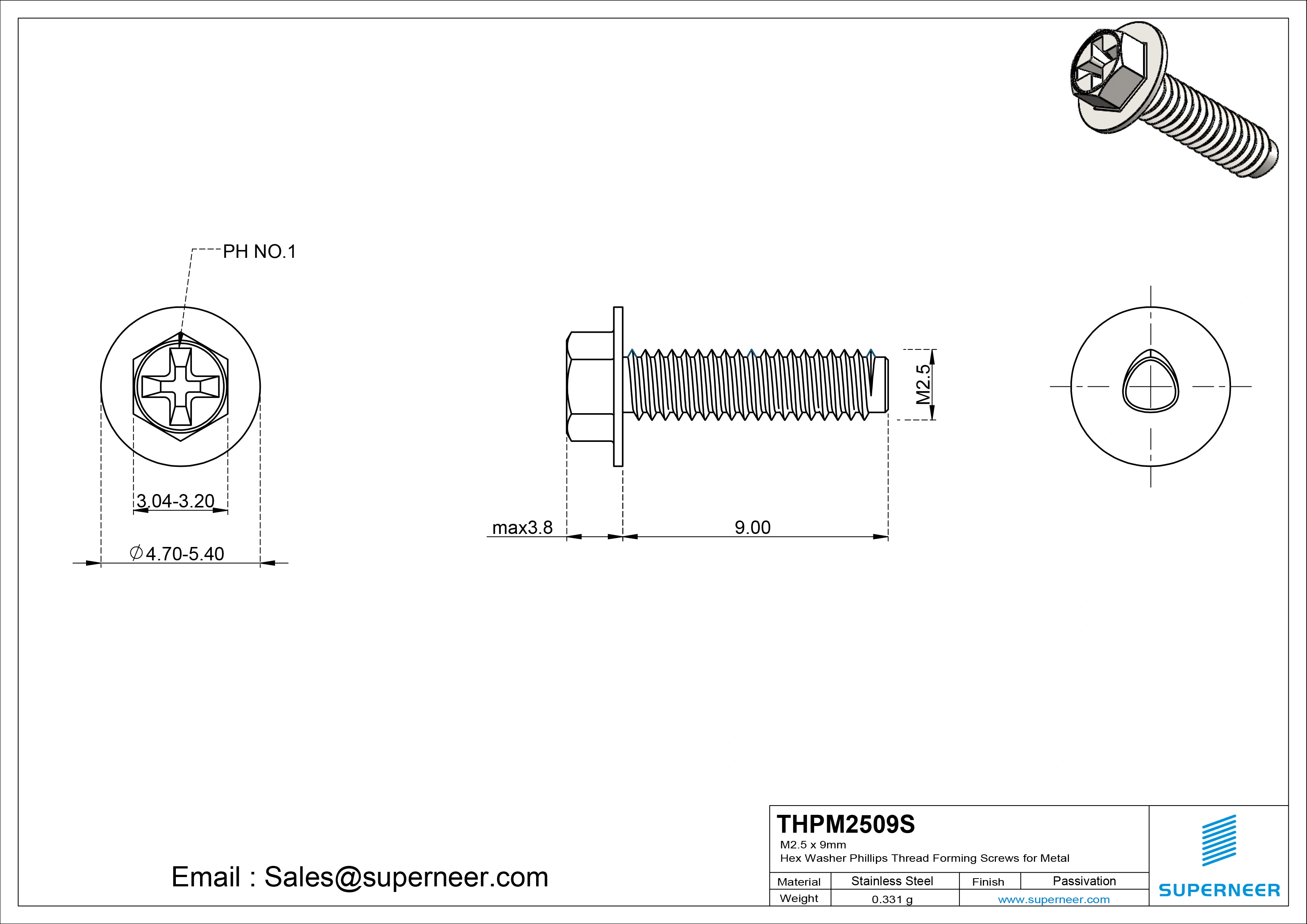M2.5 &times; 9mm Indented Hex Washer Phillips Thread Forming Screws for Metal SUS304 Stainless Steel Inox