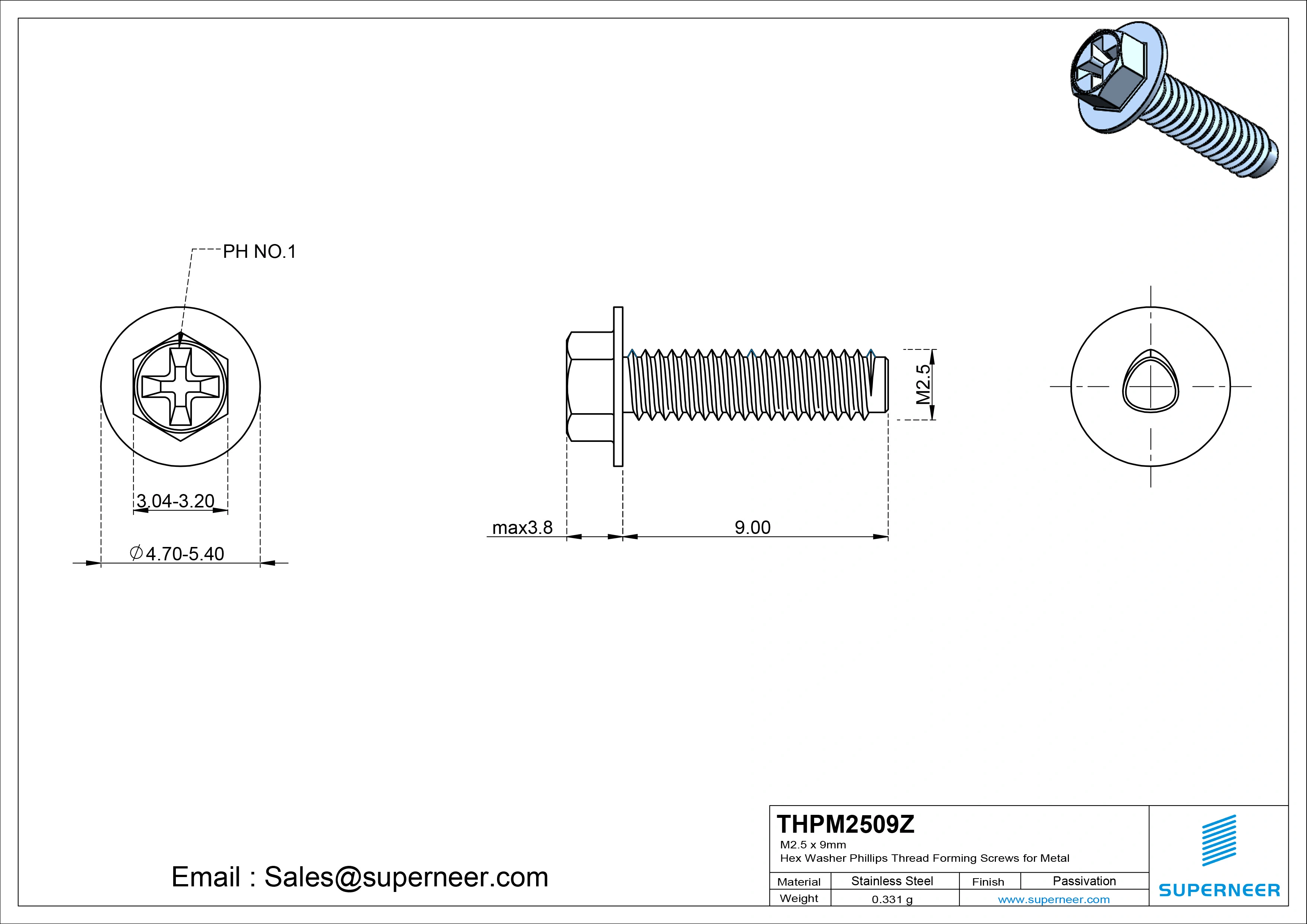 M2.5 &times; 9mm Indented Hex Washer Phillips Thread Forming Screws for Metal Steel Blue Zinc Plated