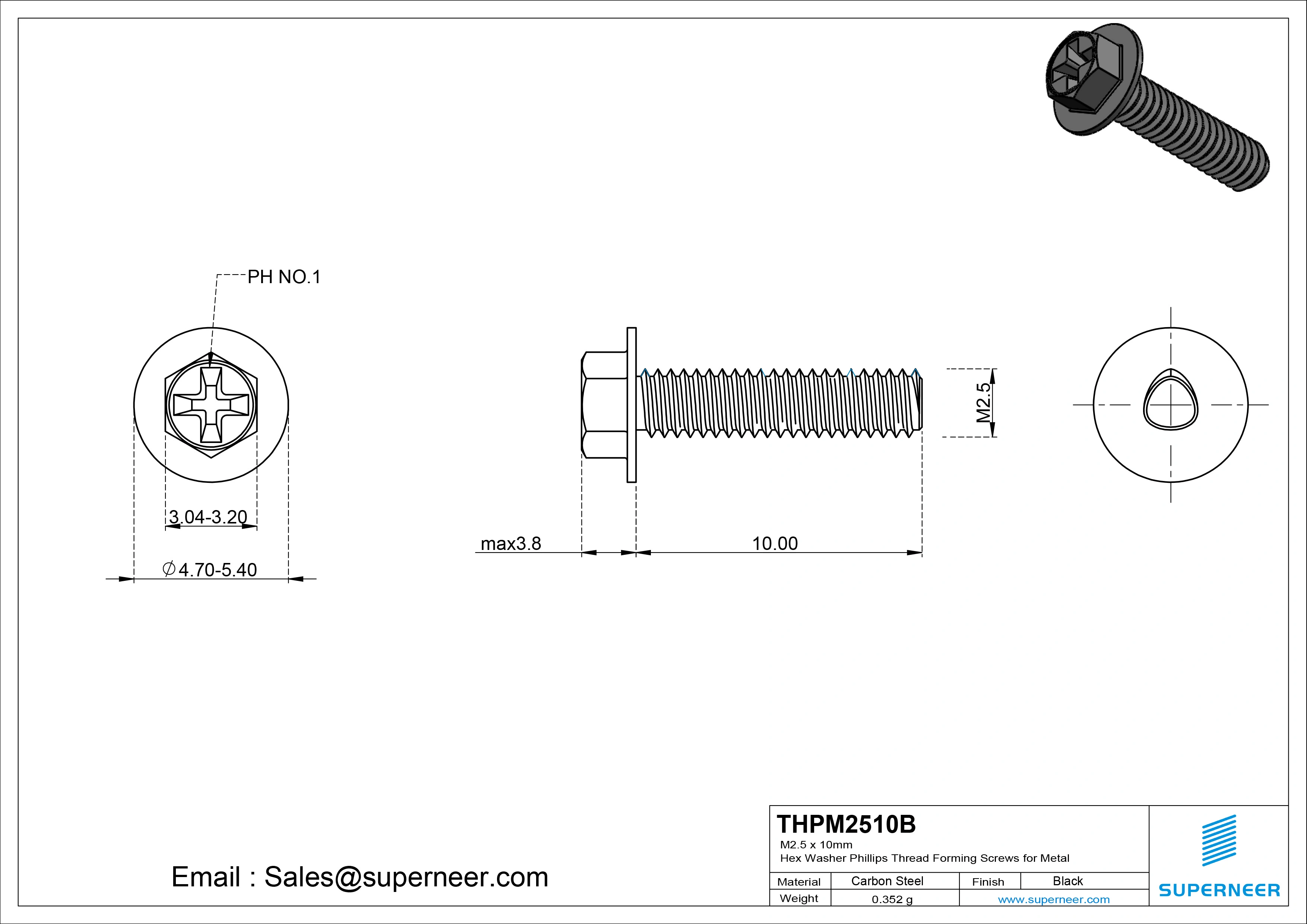 M2.5 &times; 10mm Indented Hex Washer Phillips Thread Forming Screws for Metal Steel Black