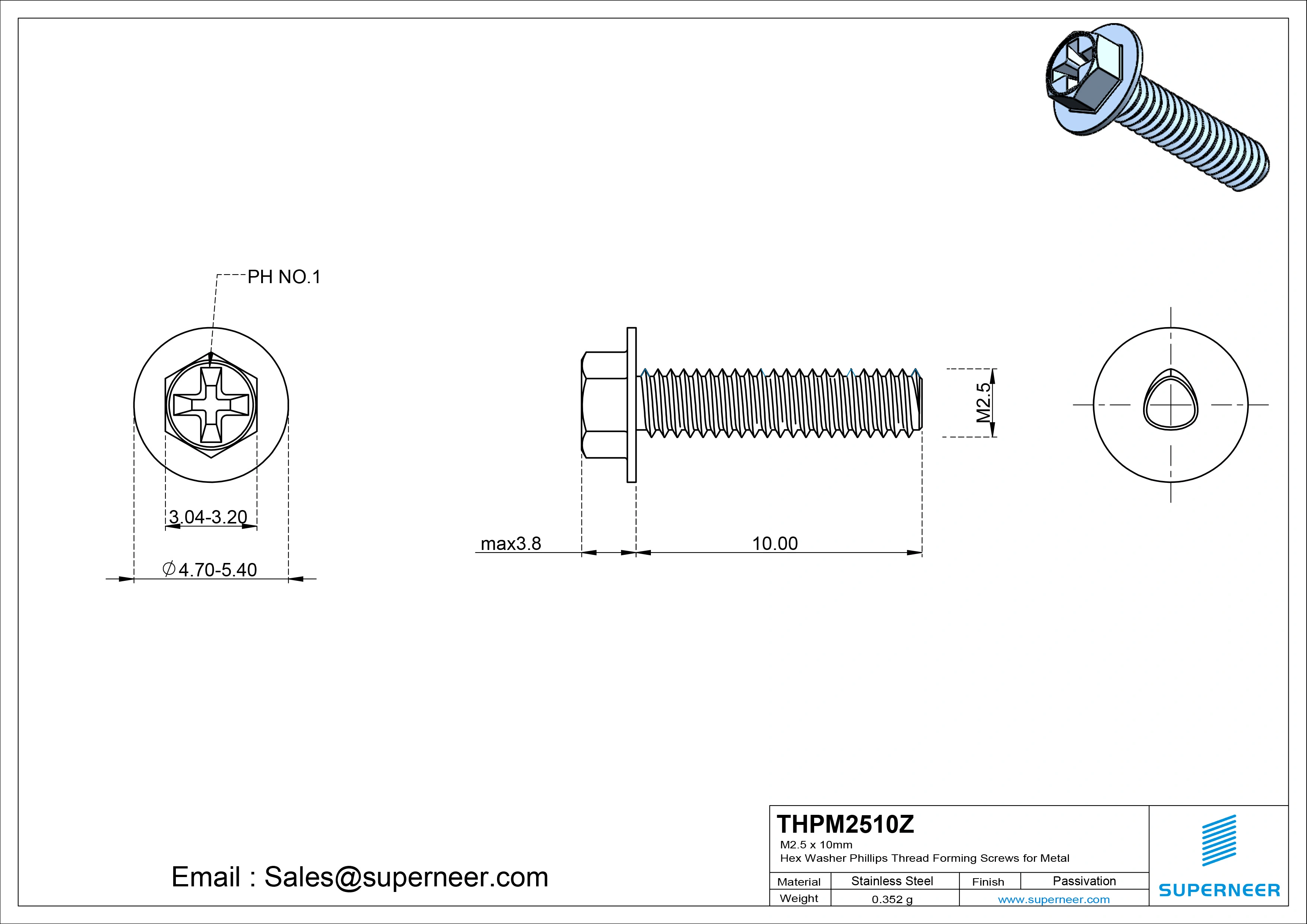 M2.5 &times; 10mm Indented Hex Washer Phillips Thread Forming Screws for Metal Steel Blue Zinc Plated