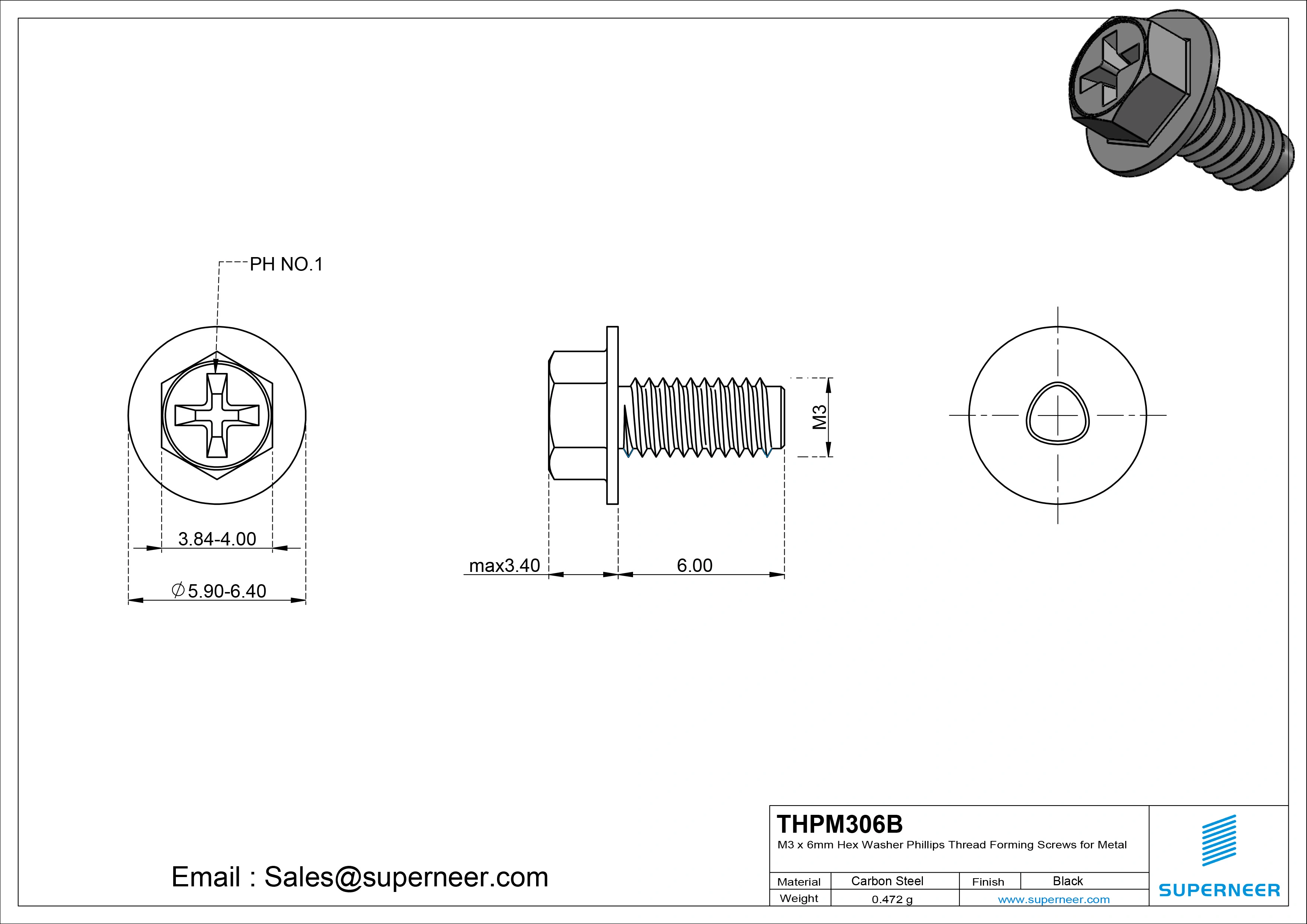 M3 &times; 6mm Indented Hex Washer Phillips Thread Forming Screws for Metal Steel Black