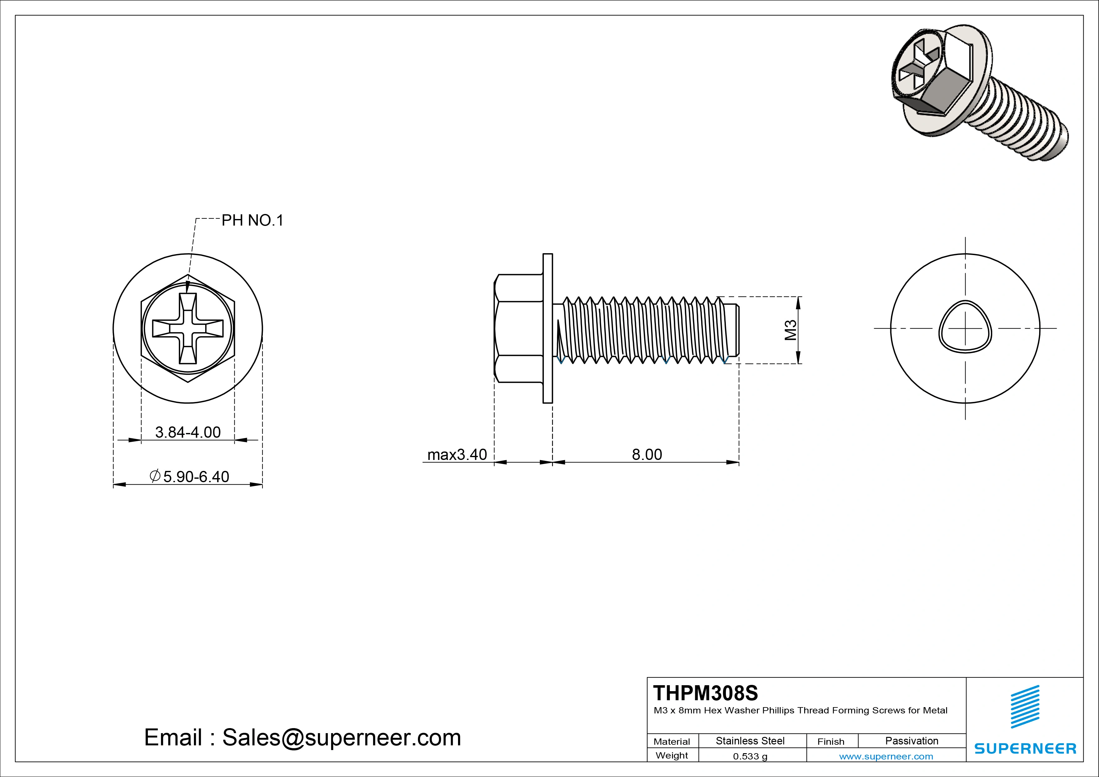 M3 &times; 8mm Indented Hex Washer Phillips Thread Forming Screws for Metal SUS304 Stainless Steel Inox