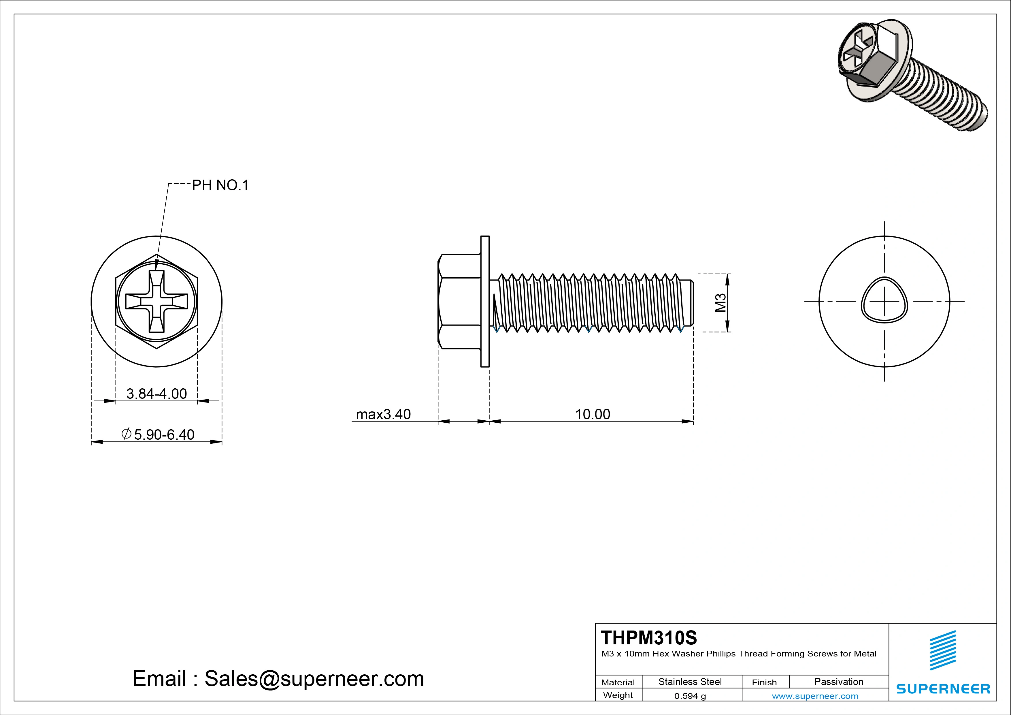 M3 &times; 10mm Indented Hex Washer Phillips Thread Forming Screws for Metal SUS304 Stainless Steel Inox