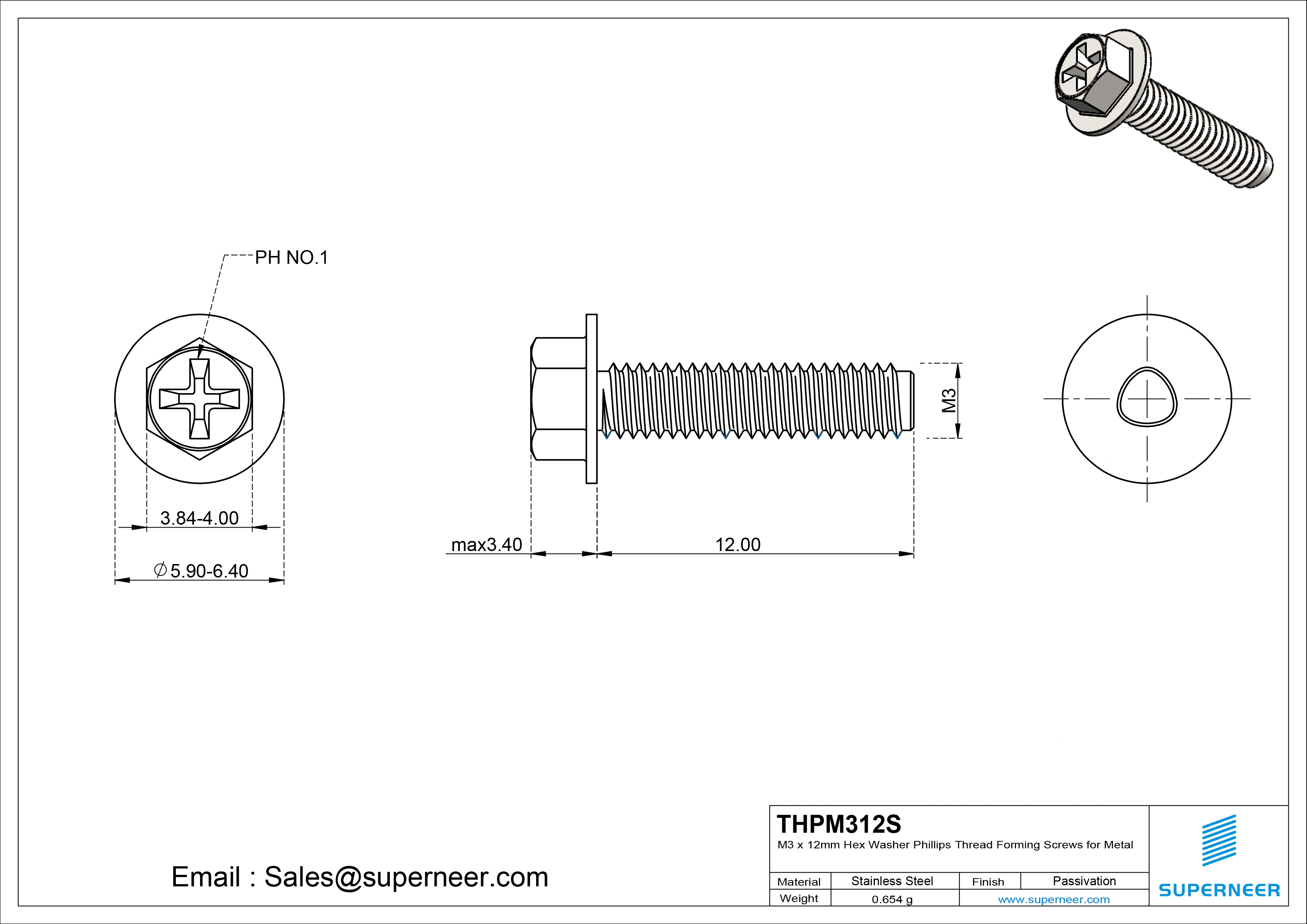 M3 &times; 12mm Indented Hex Washer Phillips Thread Forming Screws for Metal SUS304 Stainless Steel Inox