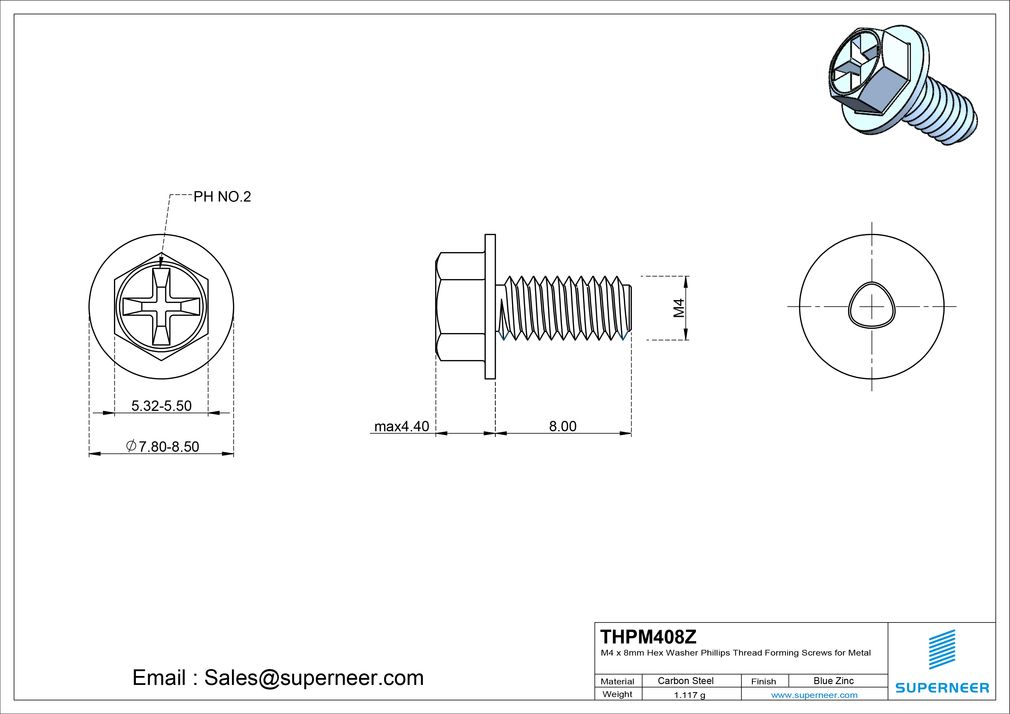 M4 &times; 8mm Indented Hex Washer Phillips Thread Forming Screws for Metal Steel Blue Zinc Plated