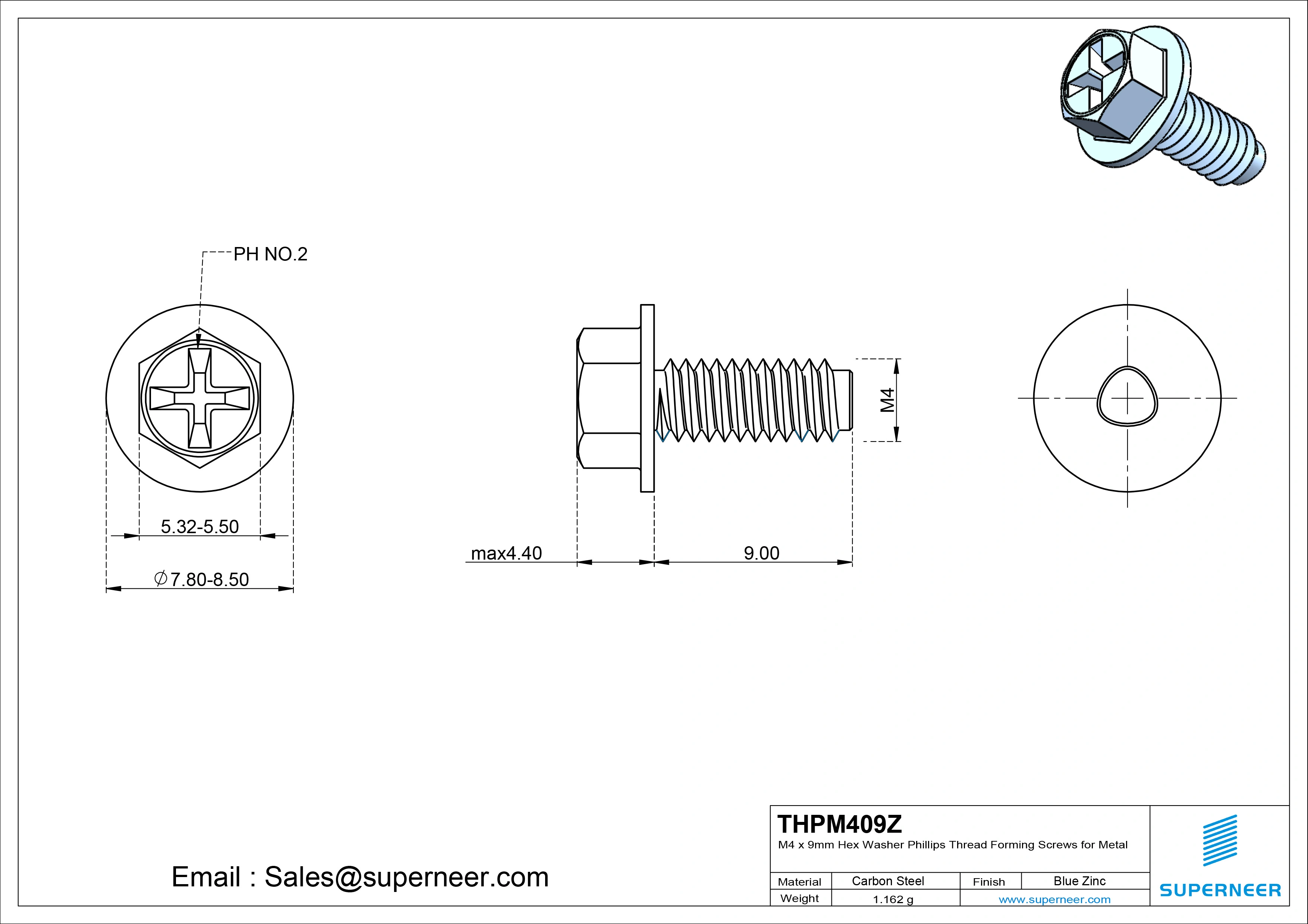 M4 &times; 9mm Indented Hex Washer Phillips Thread Forming Screws for Metal Steel Blue Zinc Plated