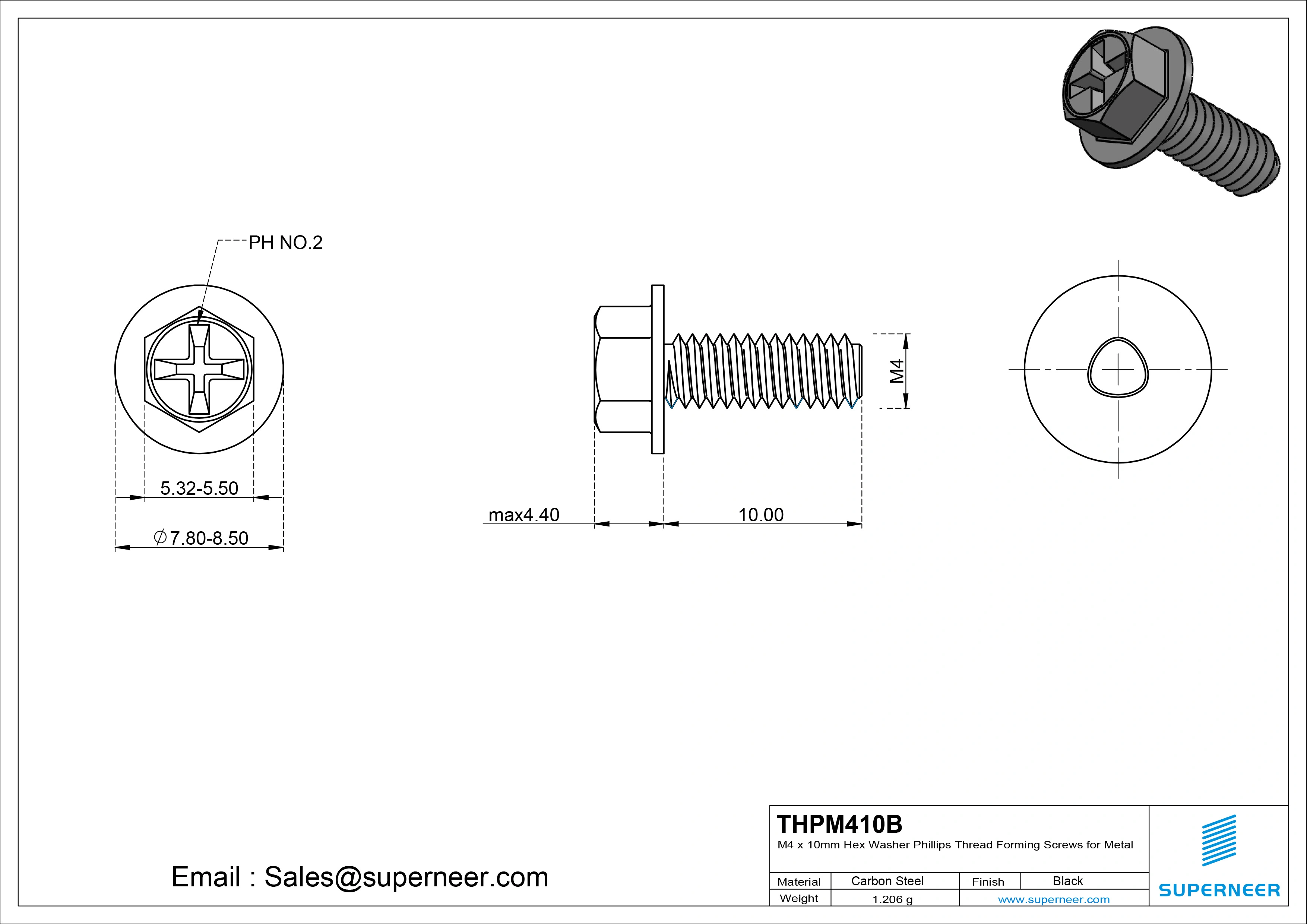 M4 &times; 10mm Indented Hex Washer Phillips Thread Forming Screws for Metal Steel Black