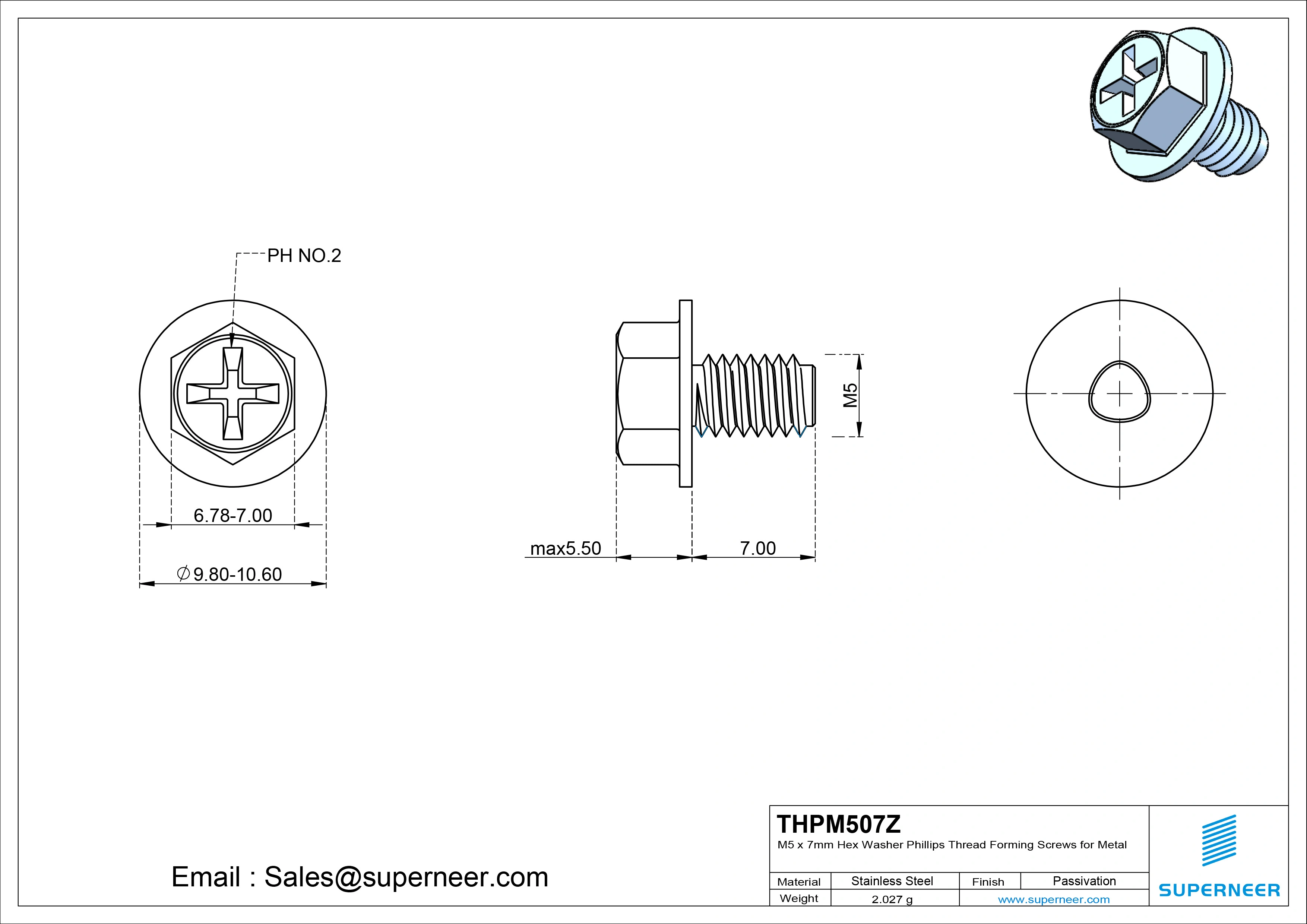 M5 &times; 7mm Indented Hex Washer Phillips Thread Forming Screws for Metal Steel Blue Zinc Plated
