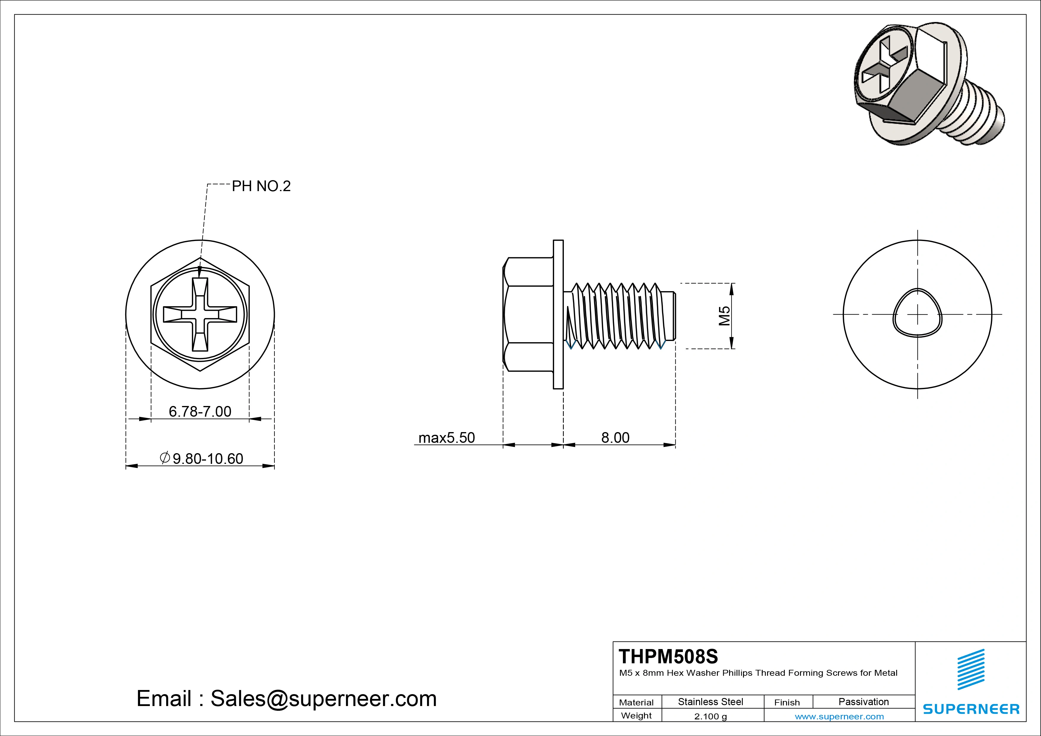 M5 &times; 8mm Indented Hex Washer Phillips Thread Forming Screws for Metal SUS304 Stainless Steel Inox