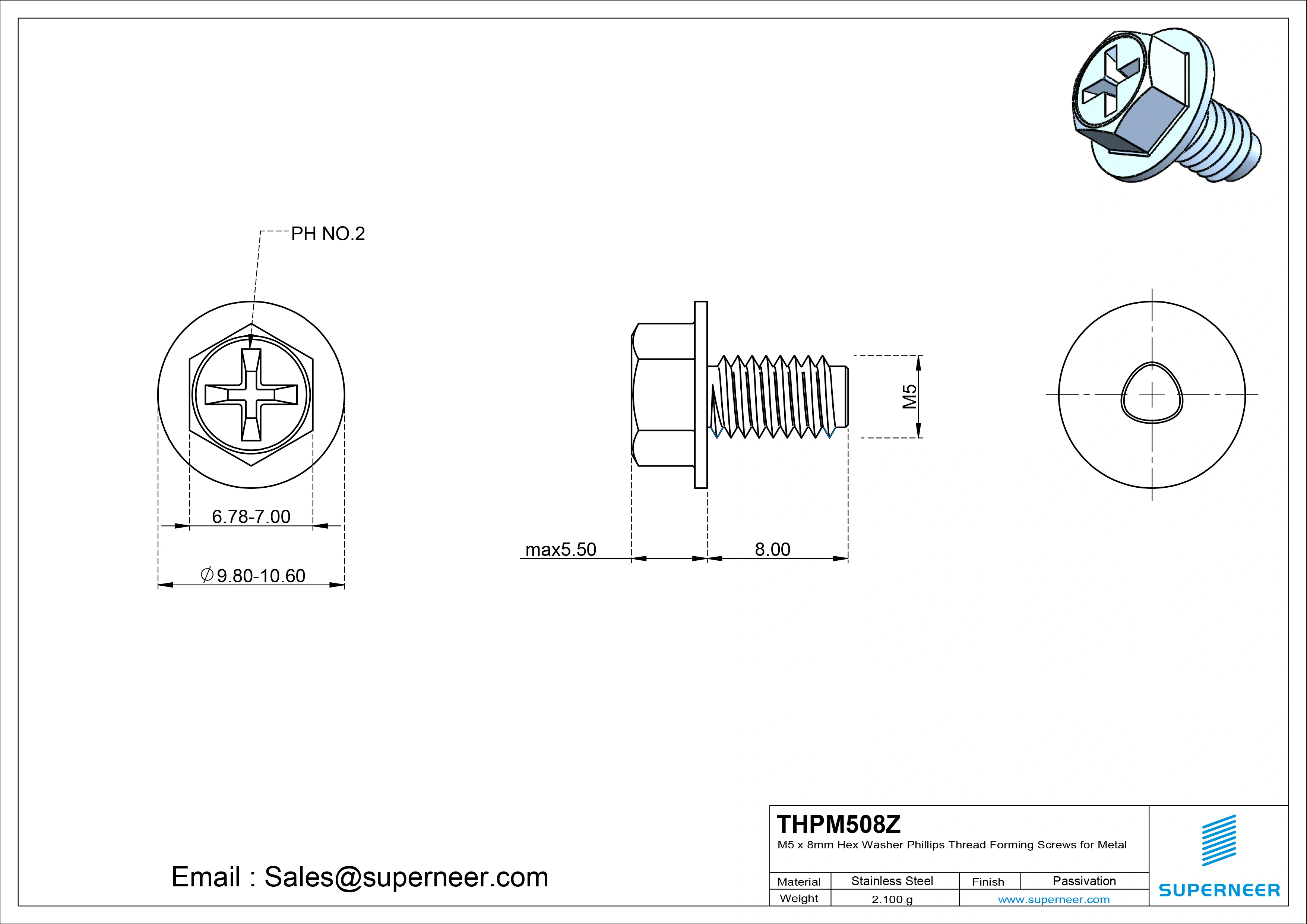 M5 &times; 8mm Indented Hex Washer Phillips Thread Forming Screws for Metal Steel Blue Zinc Plated
