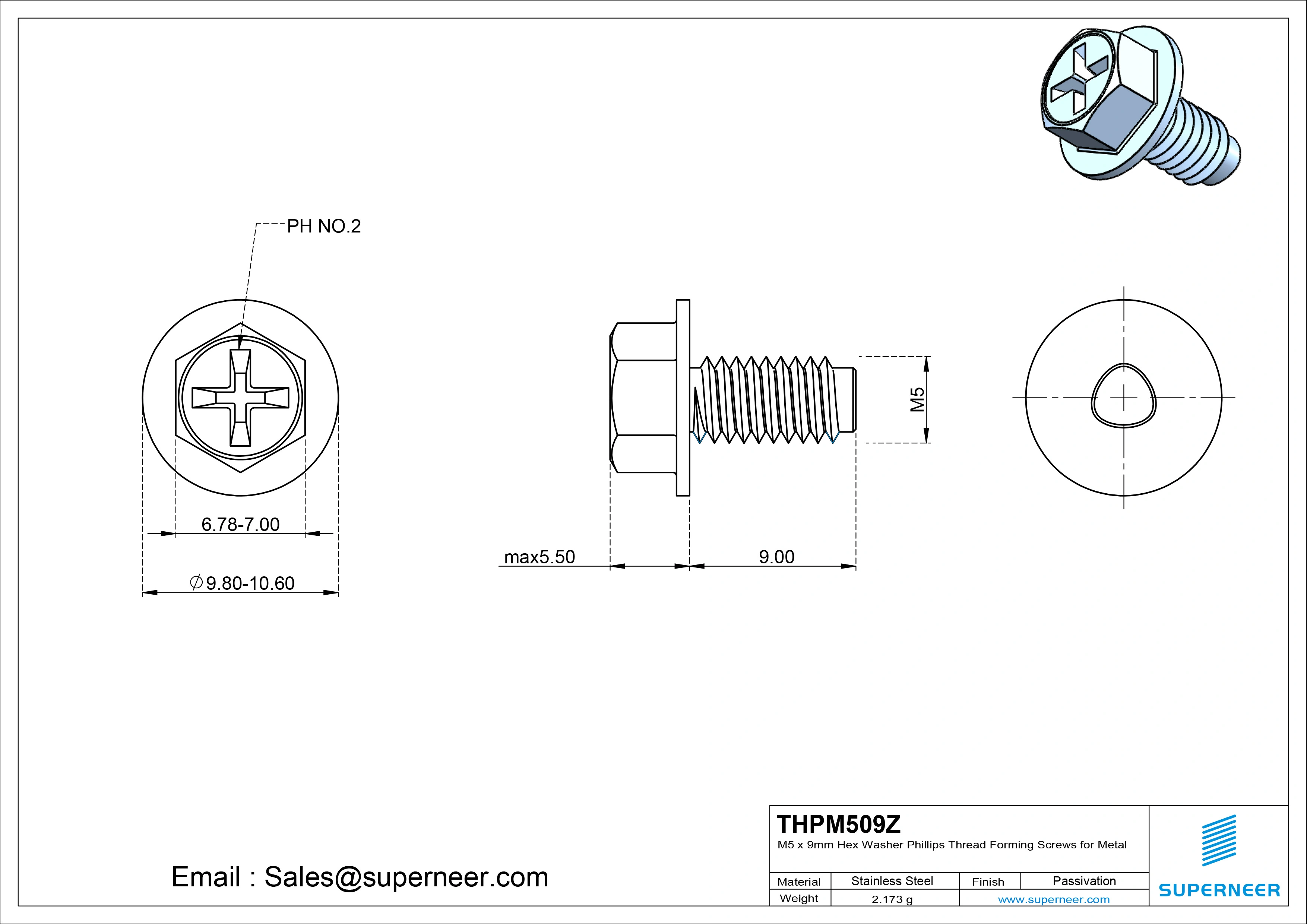 M5 &times; 9mm Indented Hex Washer Phillips Thread Forming Screws for Metal Steel Blue Zinc Plated
