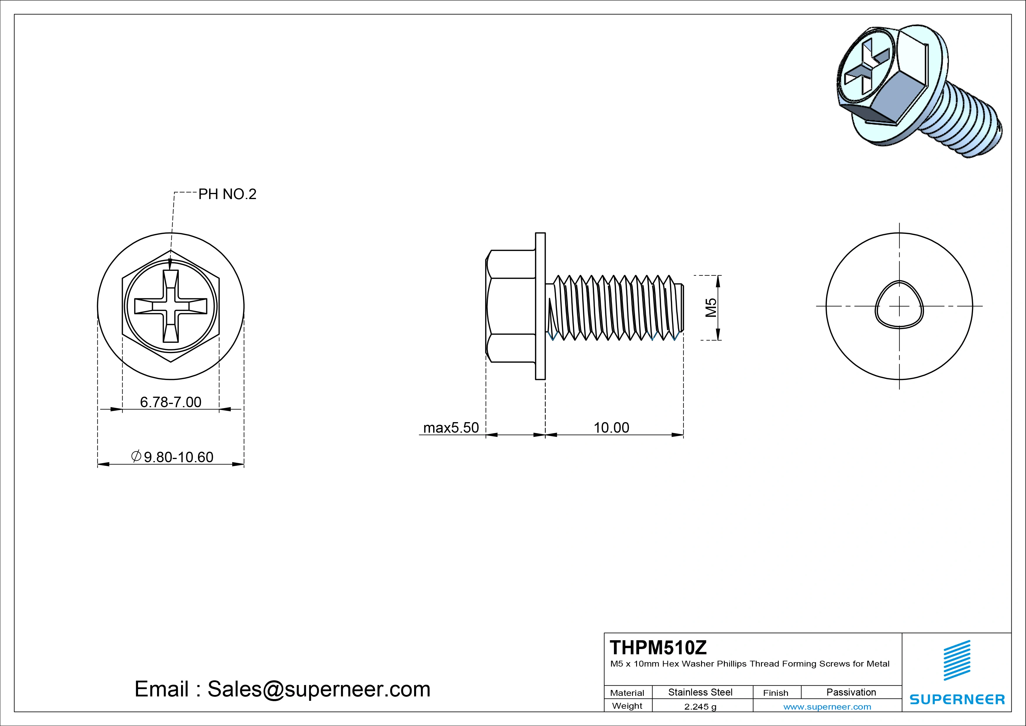 M5 &times; 10mm Indented Hex Washer Phillips Thread Forming Screws for Metal Steel Blue Zinc Plated