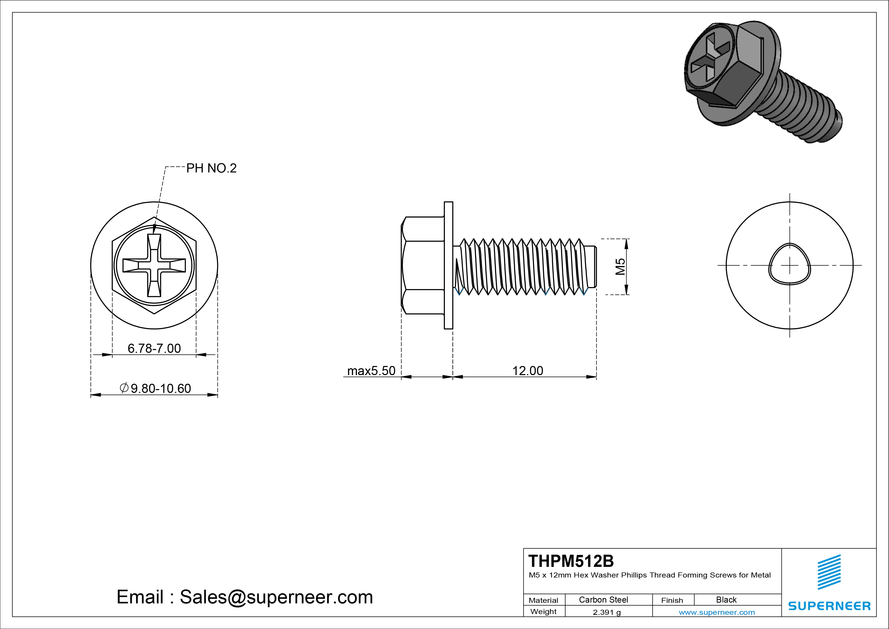 M5 &times; 12mm Indented Hex Washer Phillips Thread Forming Screws for Metal Steel Black