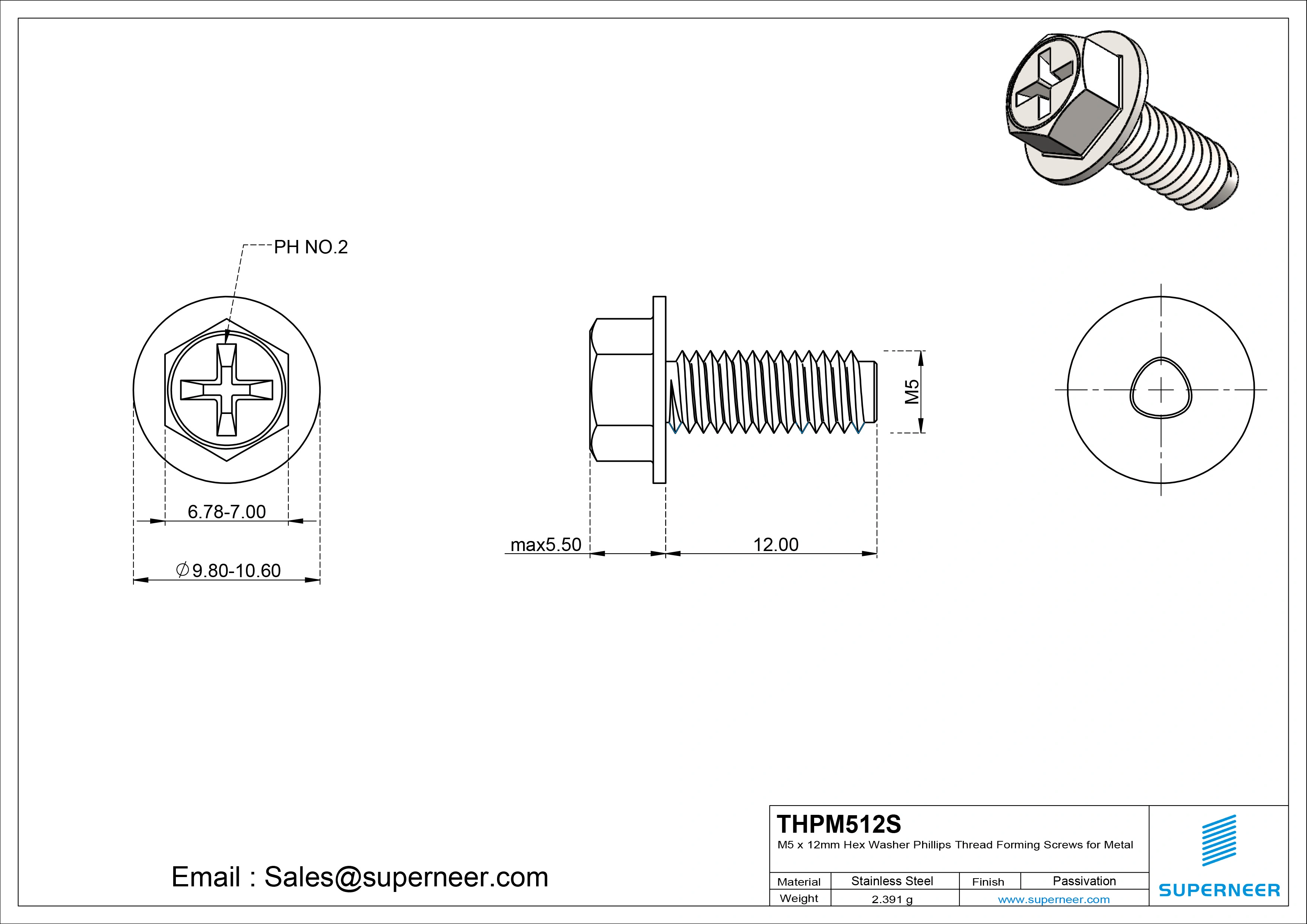 M5 &times; 12mm Indented Hex Washer Phillips Thread Forming Screws for Metal SUS304 Stainless Steel Inox