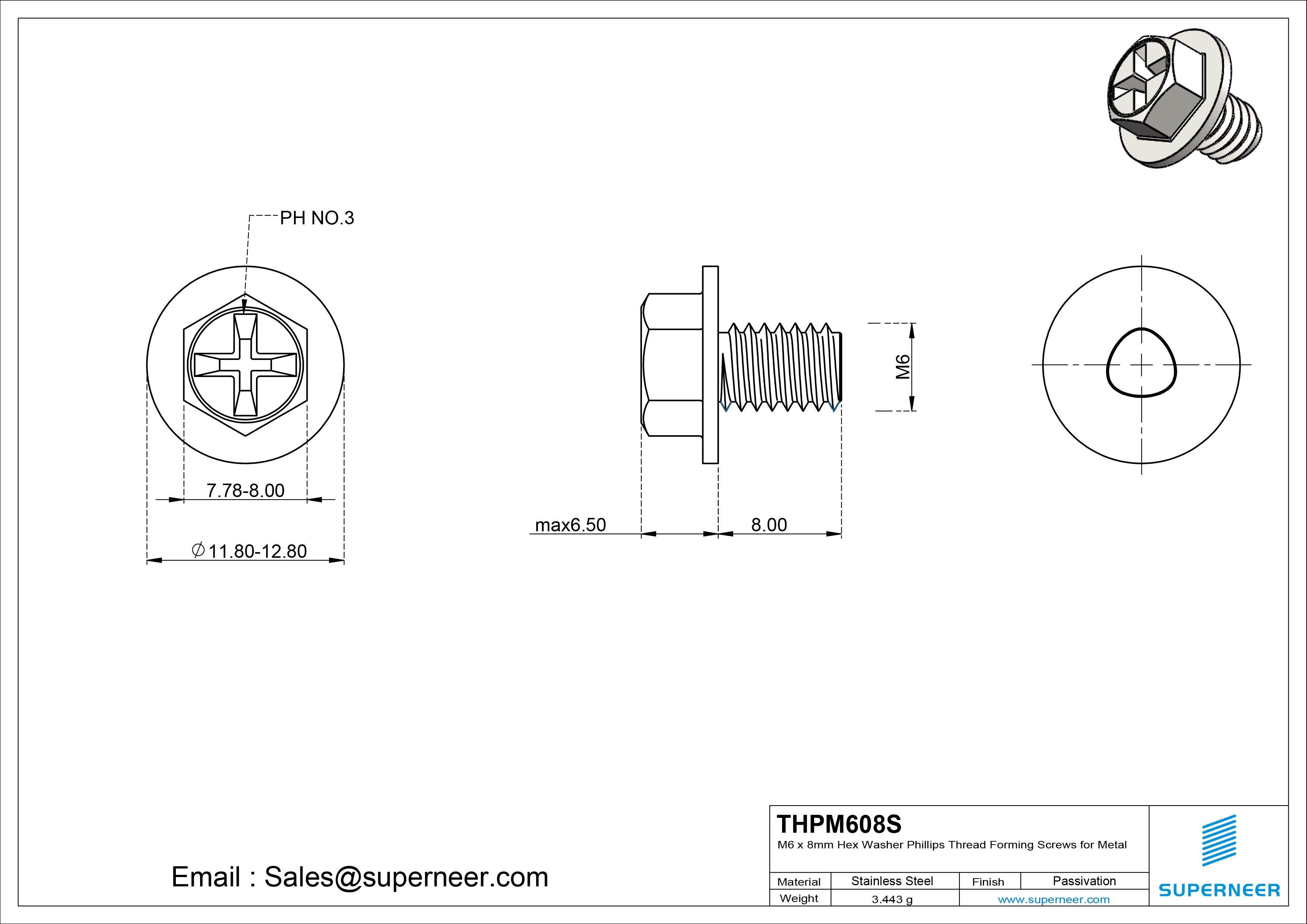 M6 &times; 8mm Indented Hex Washer Phillips Thread Forming Screws for Metal SUS304 Stainless Steel Inox