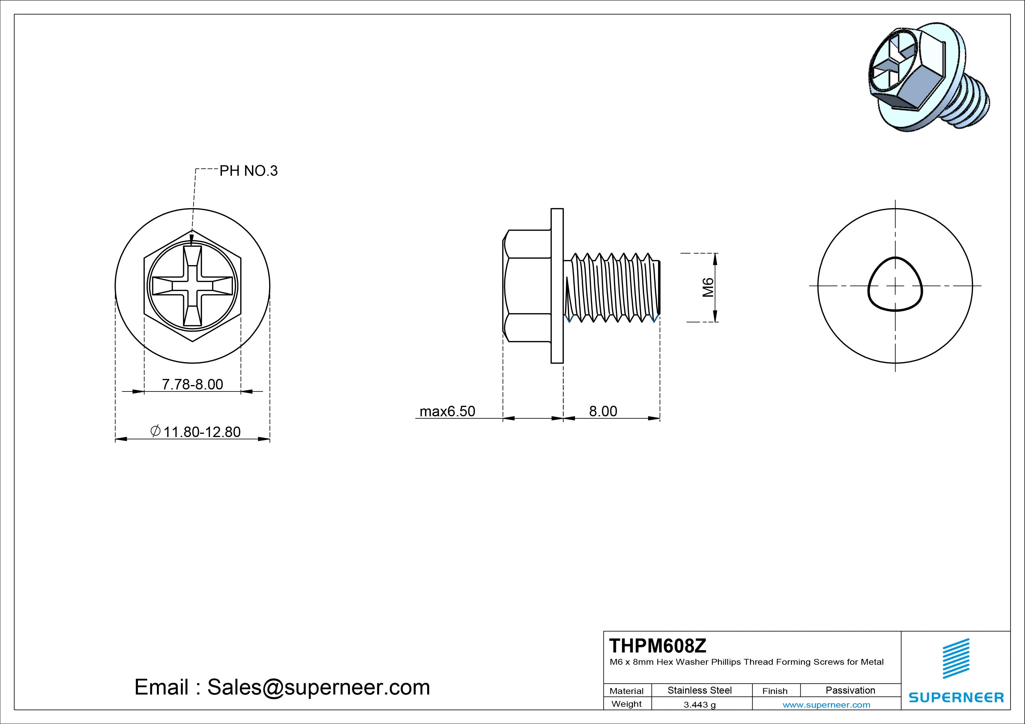 M6 &times; 8mm Indented Hex Washer Phillips Thread Forming Screws for Metal Steel Blue Zinc Plated