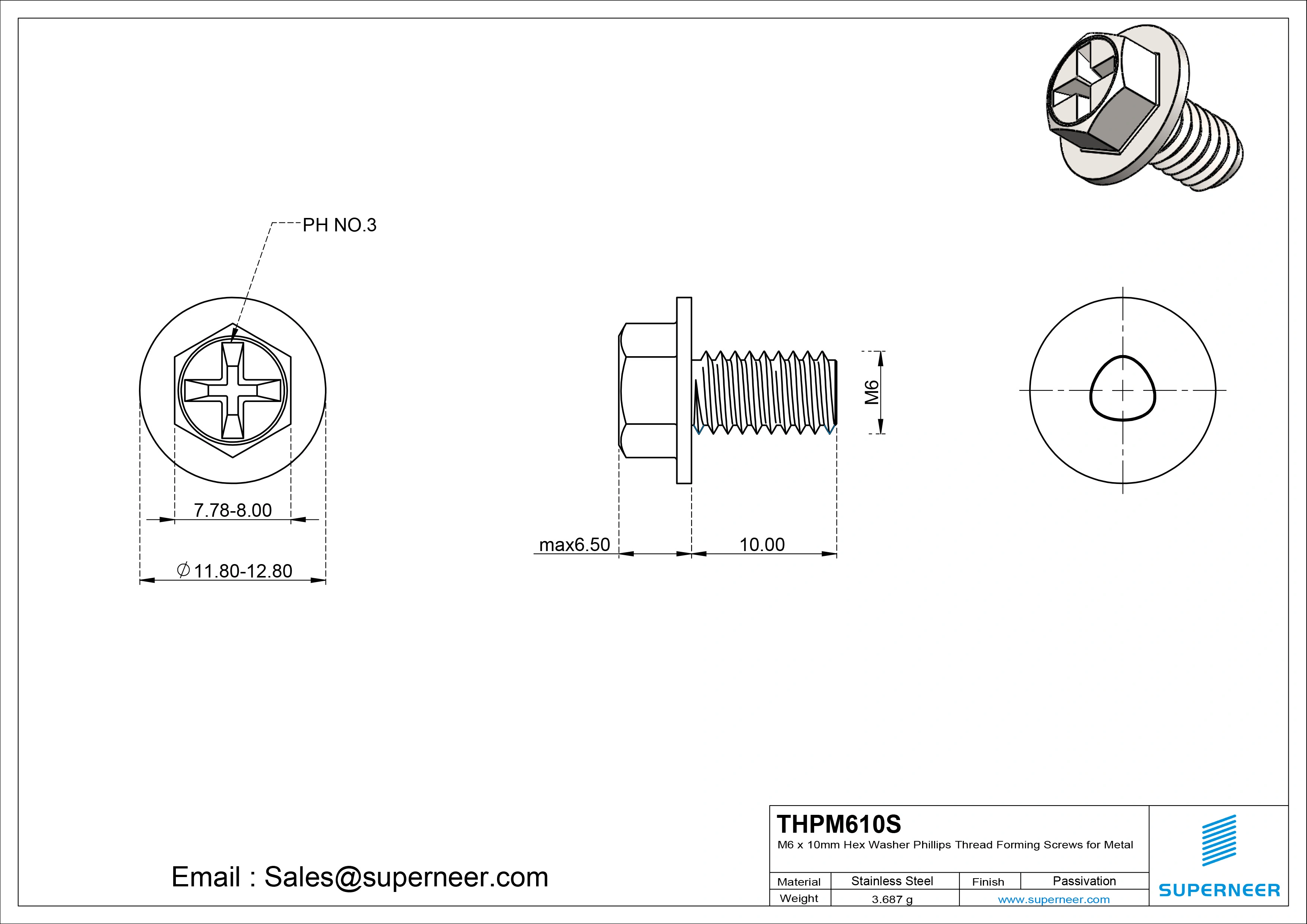 M6 &times; 10mm Indented Hex Washer Phillips Thread Forming Screws for Metal SUS304 Stainless Steel Inox