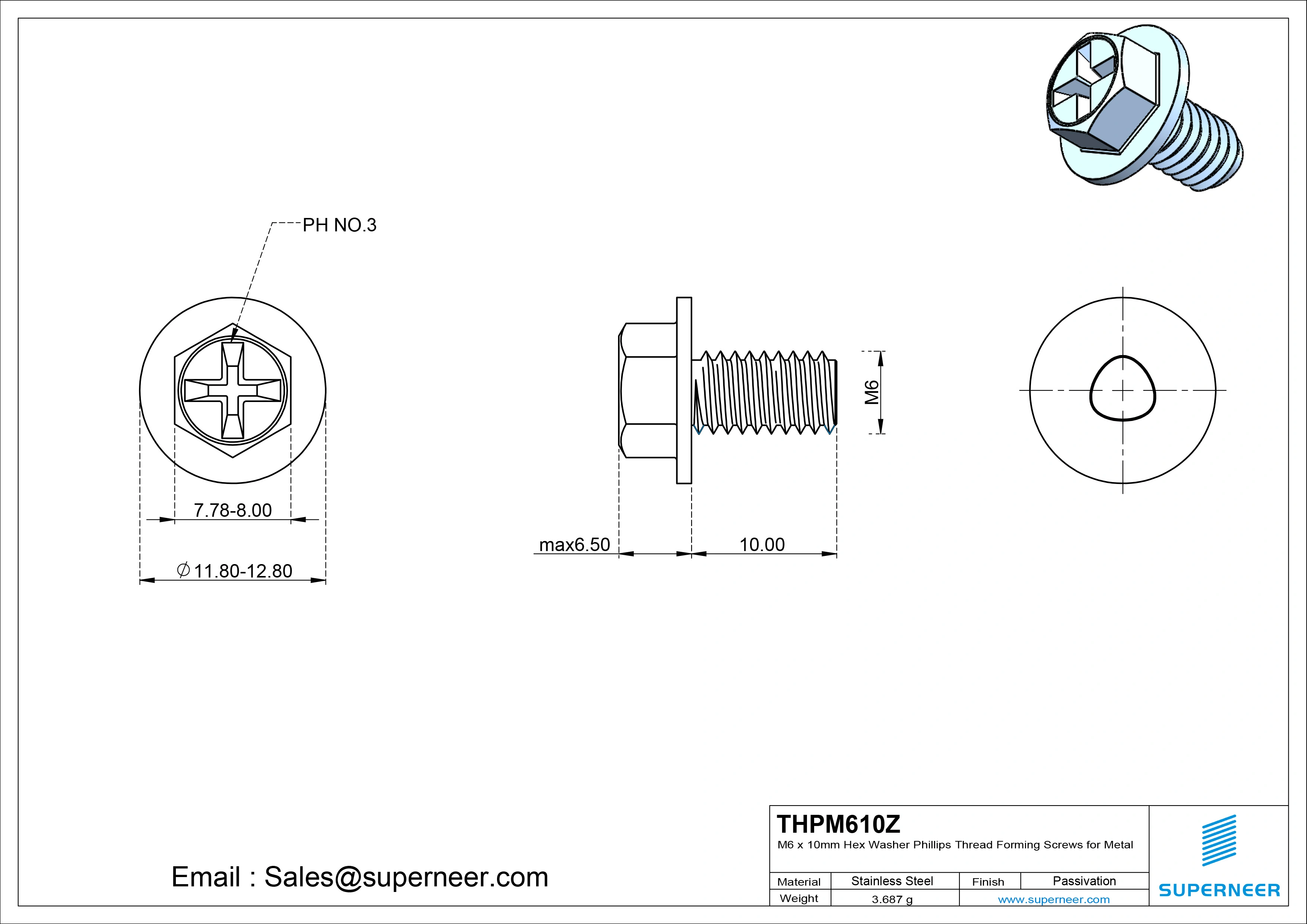 M6 &times; 10mm Indented Hex Washer Phillips Thread Forming Screws for Metal Steel Blue Zinc Plated