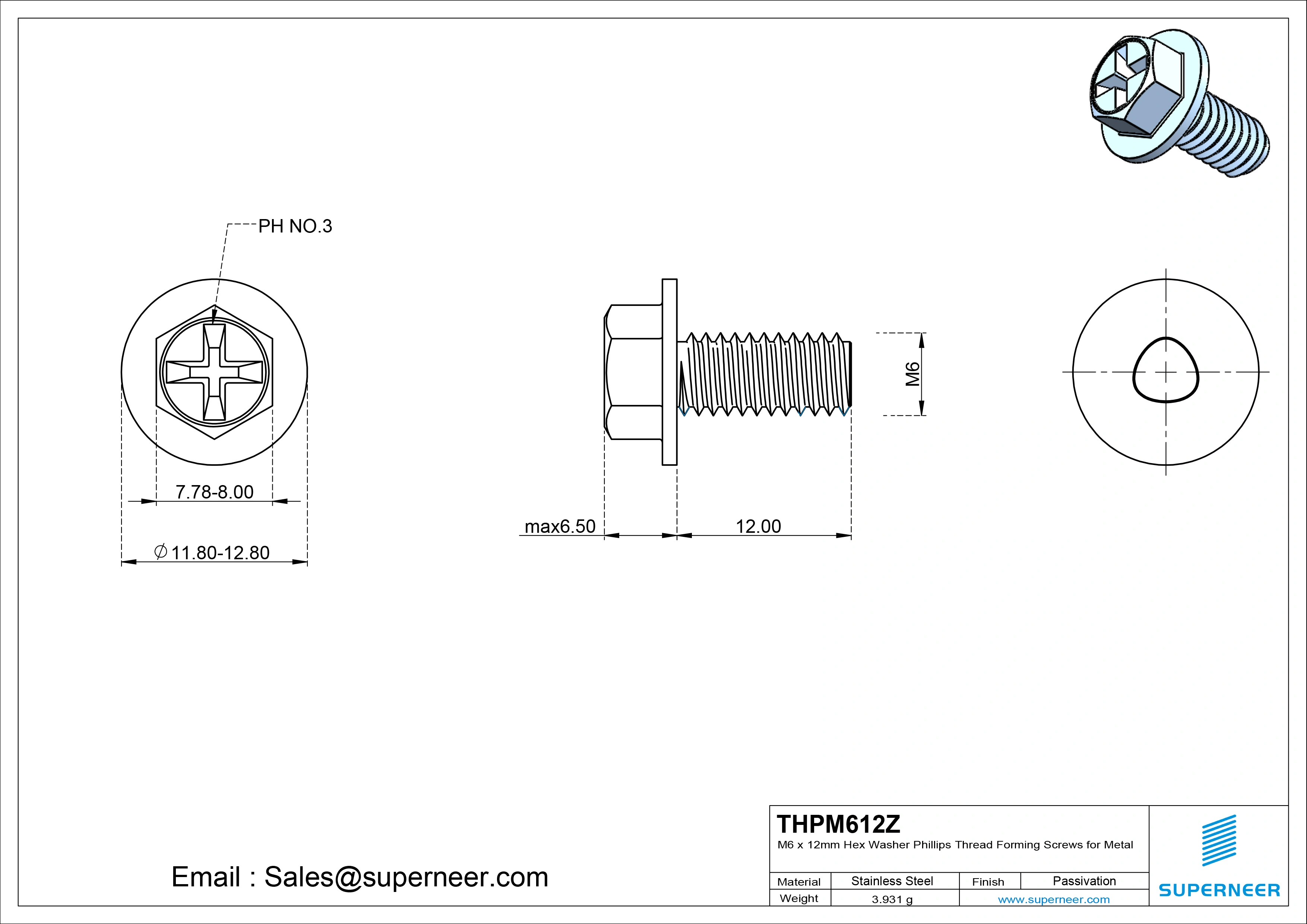 M6 &times; 12mm Indented Hex Washer Phillips Thread Forming Screws for Metal Steel Blue Zinc Plated