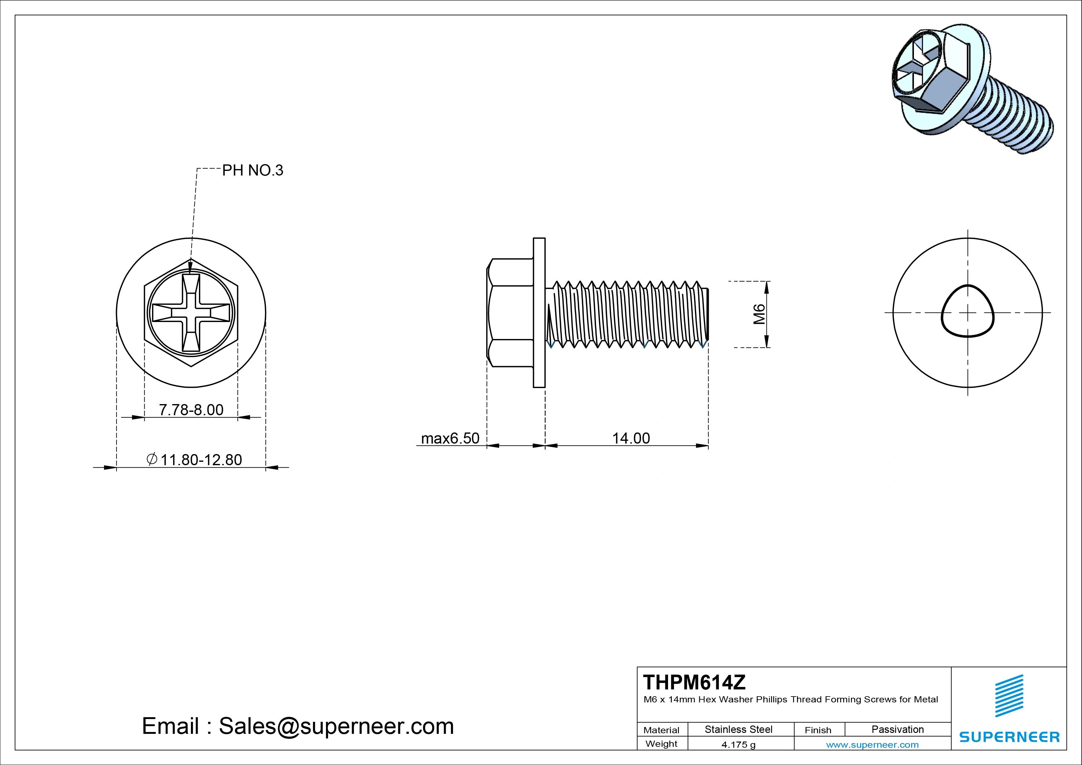 M6 &times; 14mm Indented Hex Washer Phillips Thread Forming Screws for Metal Steel Blue Zinc Plated