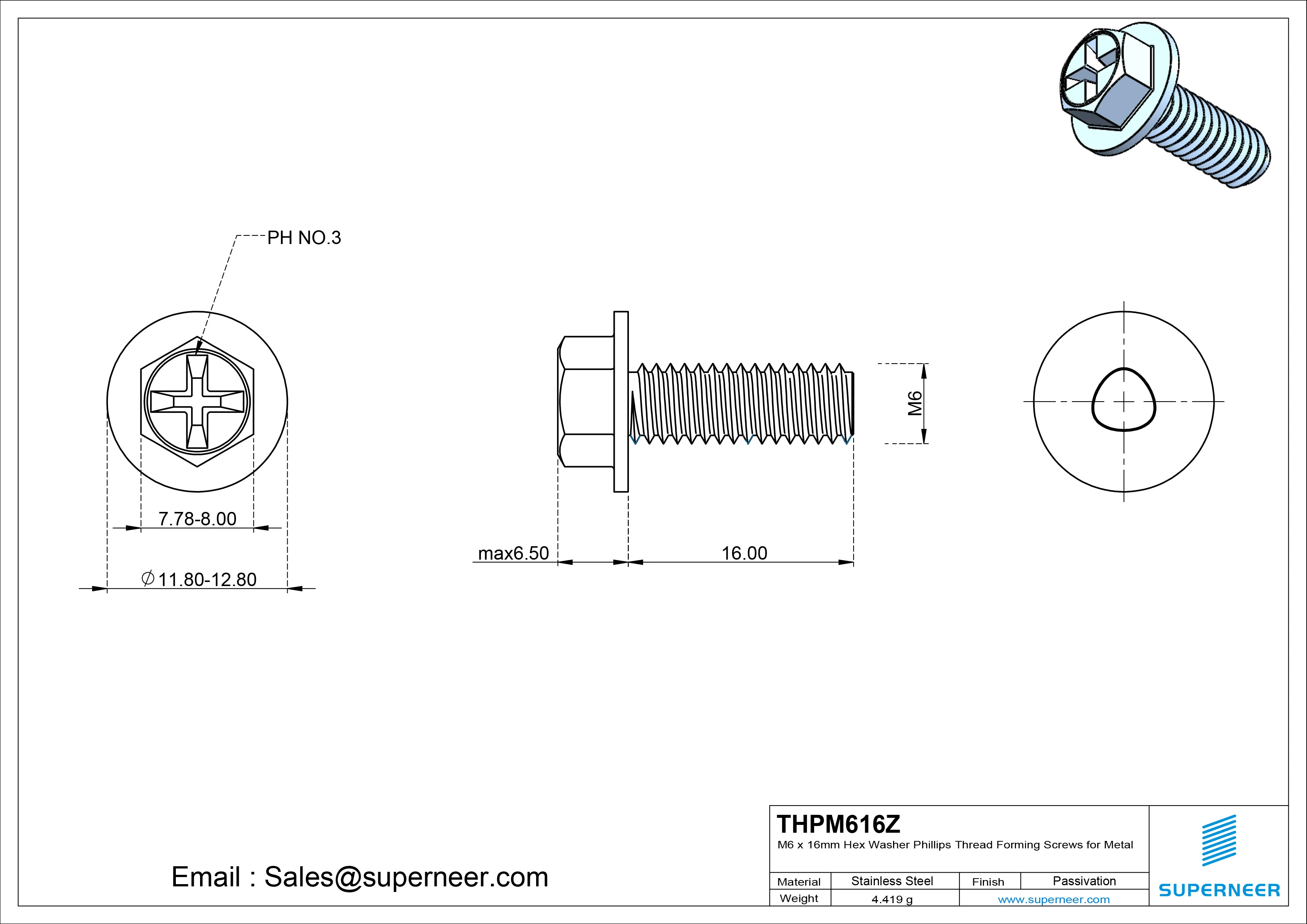 M6 &times; 16mm Indented Hex Washer Phillips Thread Forming Screws for Metal Steel Blue Zinc Plated