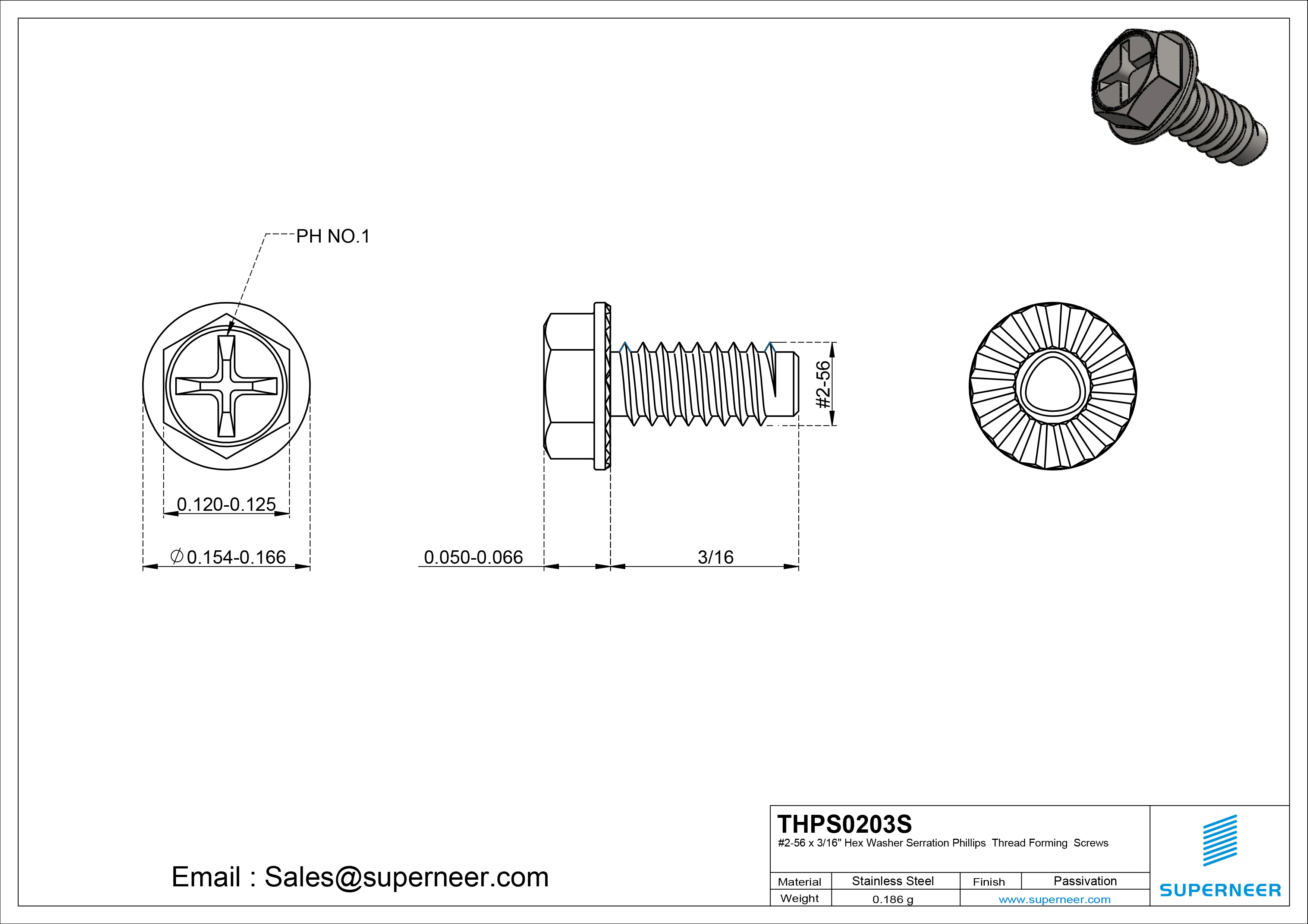 2-56 &times; 3/16 Hex Washer Serration Phillips Thread Forming  Screws for Metal  SUS304 Stainless Steel Inox