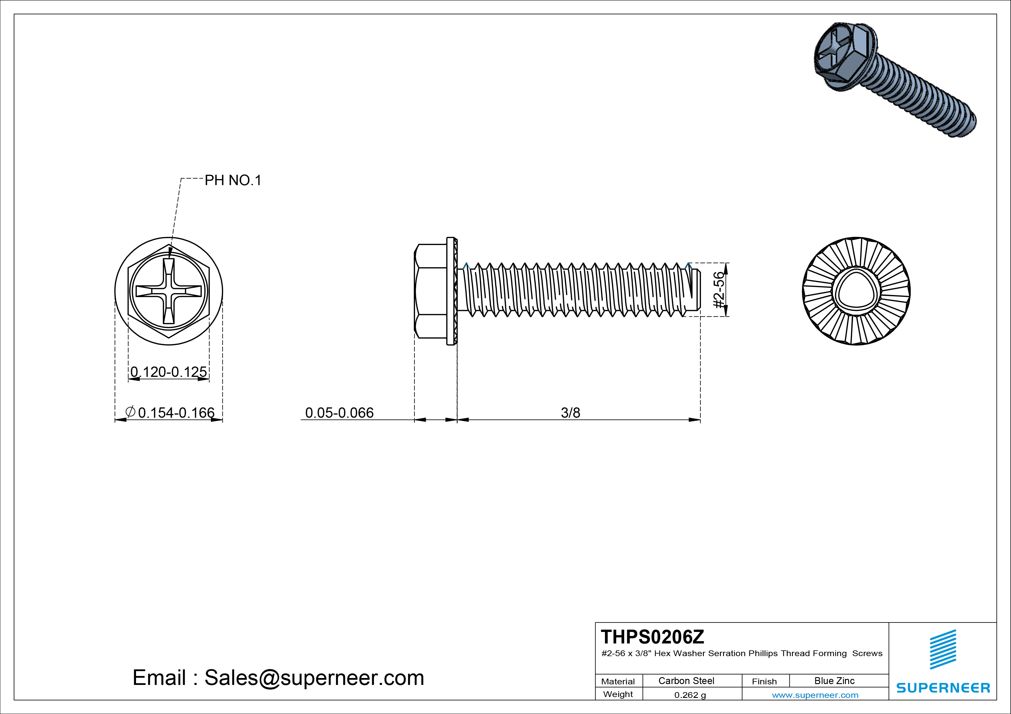 2-56 &times; 3/8 Hex Washer Serration Phillips Thread Forming  Screws for Metal  Steel Blue Zinc Plated