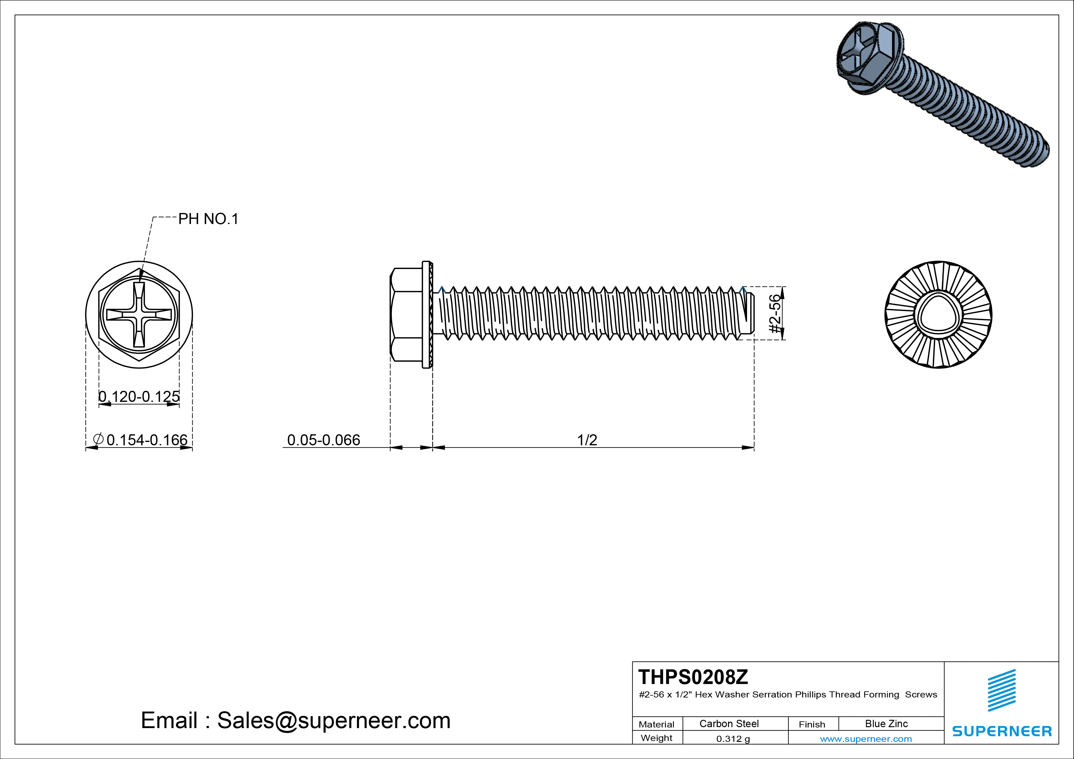 2-56 &times; 1/2 Hex Washer Serration Phillips Thread Forming  Screws for Metal  Steel Blue Zinc Plated