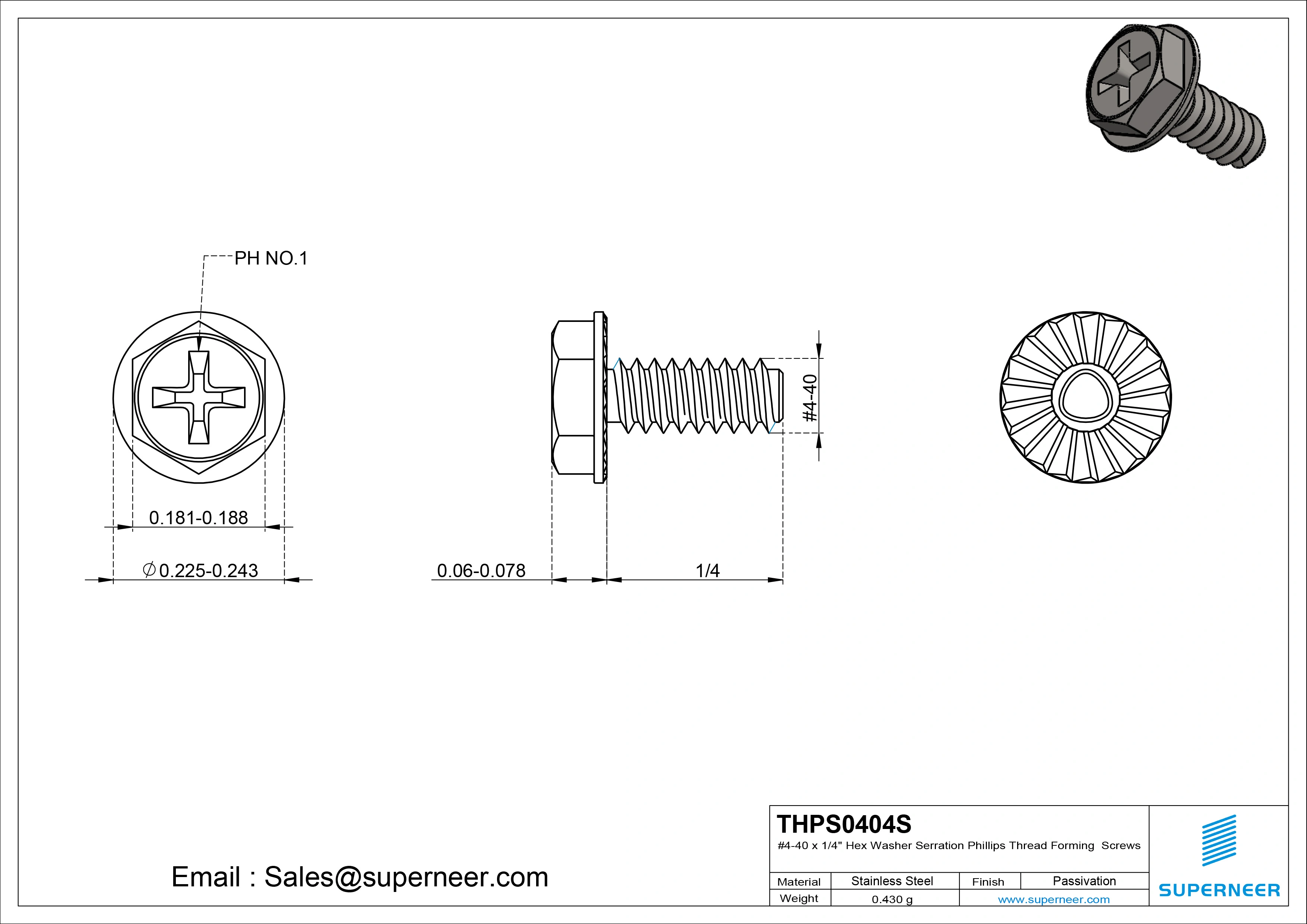 4-40 &times; 1/4 Hex Washer Serration Phillips Thread Forming  Screws for Metal  SUS304 Stainless Steel Inox