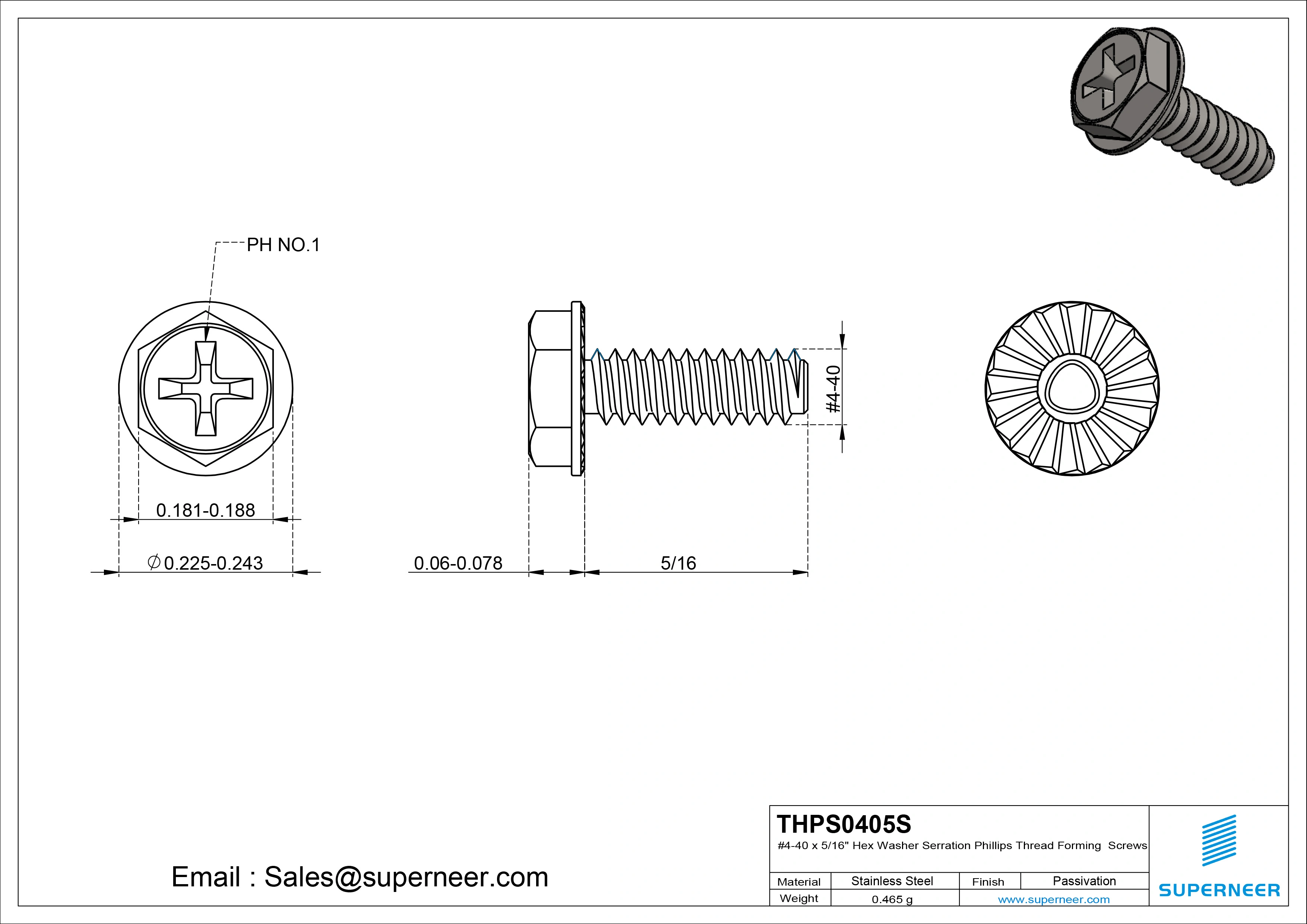 4-40 &times; 5/16 Hex Washer Serration Phillips Thread Forming  Screws for Metal  SUS304 Stainless Steel Inox