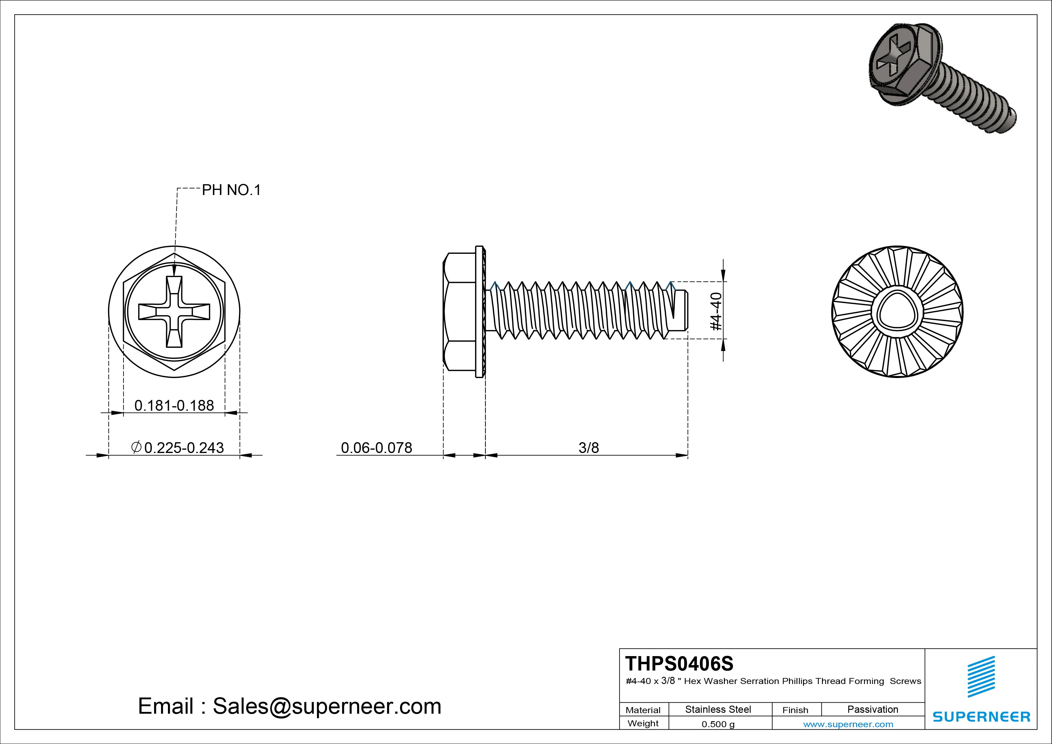 4-40 &times; 3/8 Hex Washer Serration Phillips Thread Forming  Screws for Metal  SUS304 Stainless Steel Inox