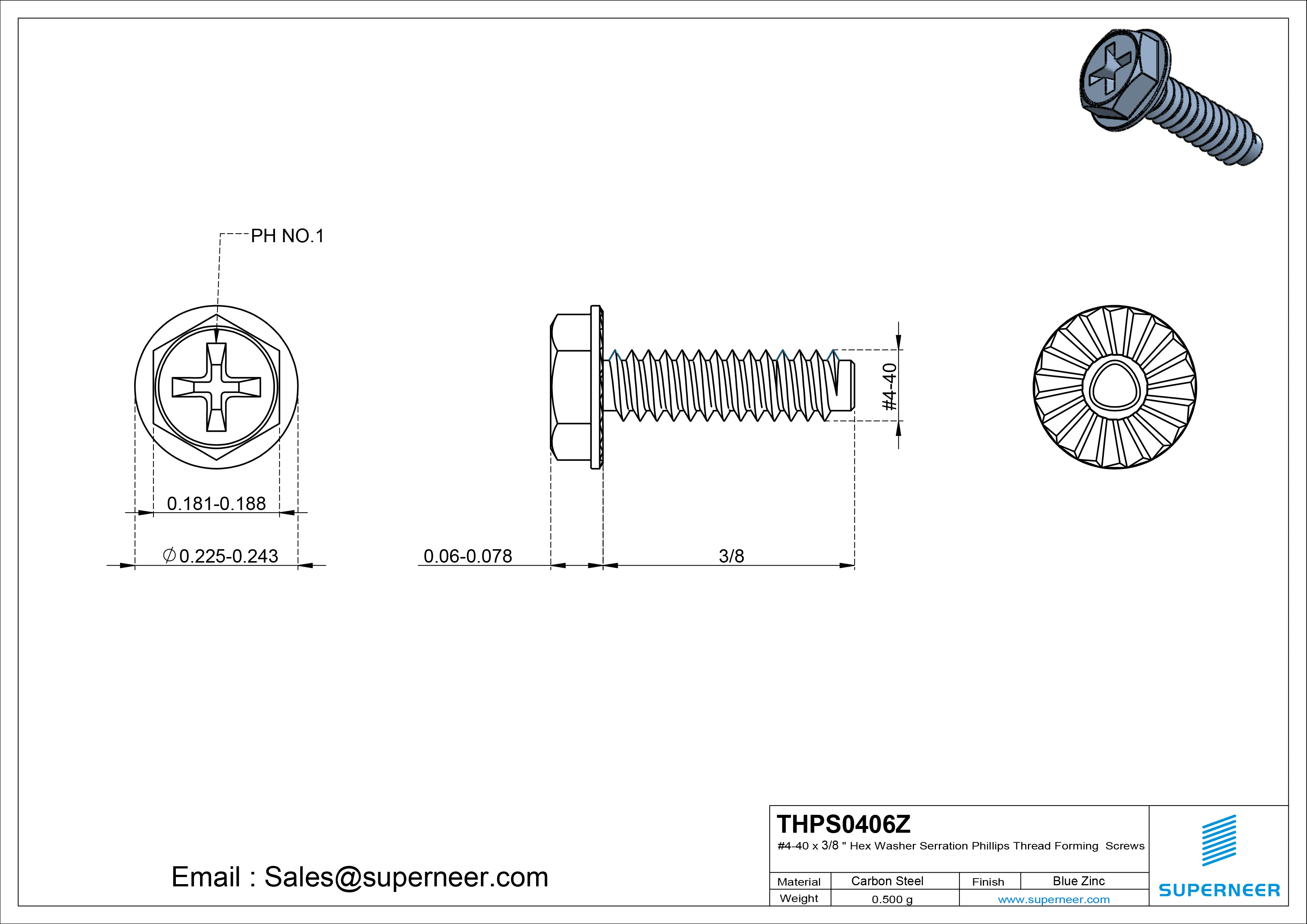 4-40 &times; 3/8 Hex Washer Serration Phillips Thread Forming  Screws for Metal  Steel Blue Zinc Plated