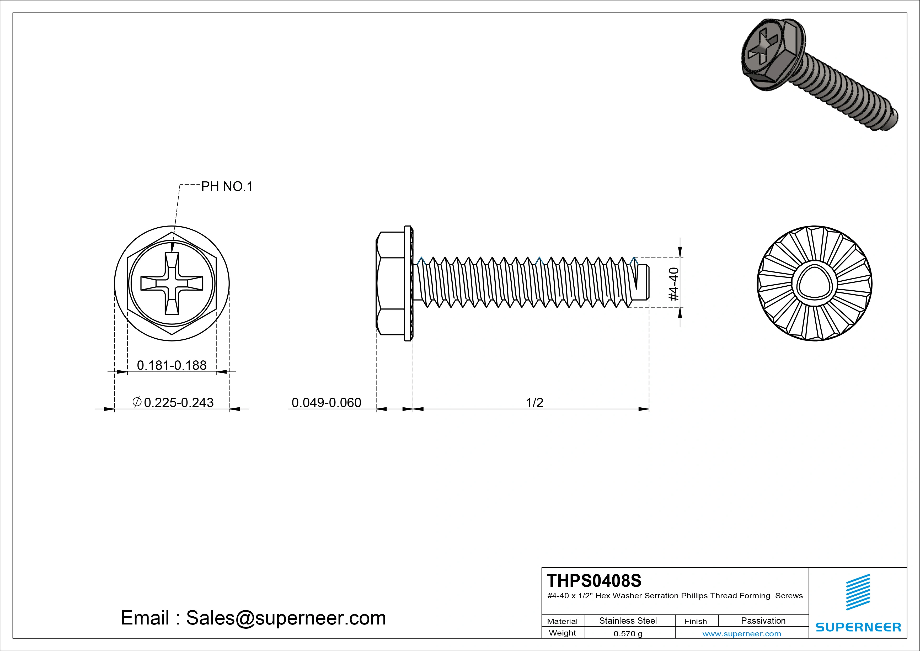 4-40 &times; 1/2 Hex Washer Serration Phillips Thread Forming  Screws for Metal  SUS304 Stainless Steel Inox