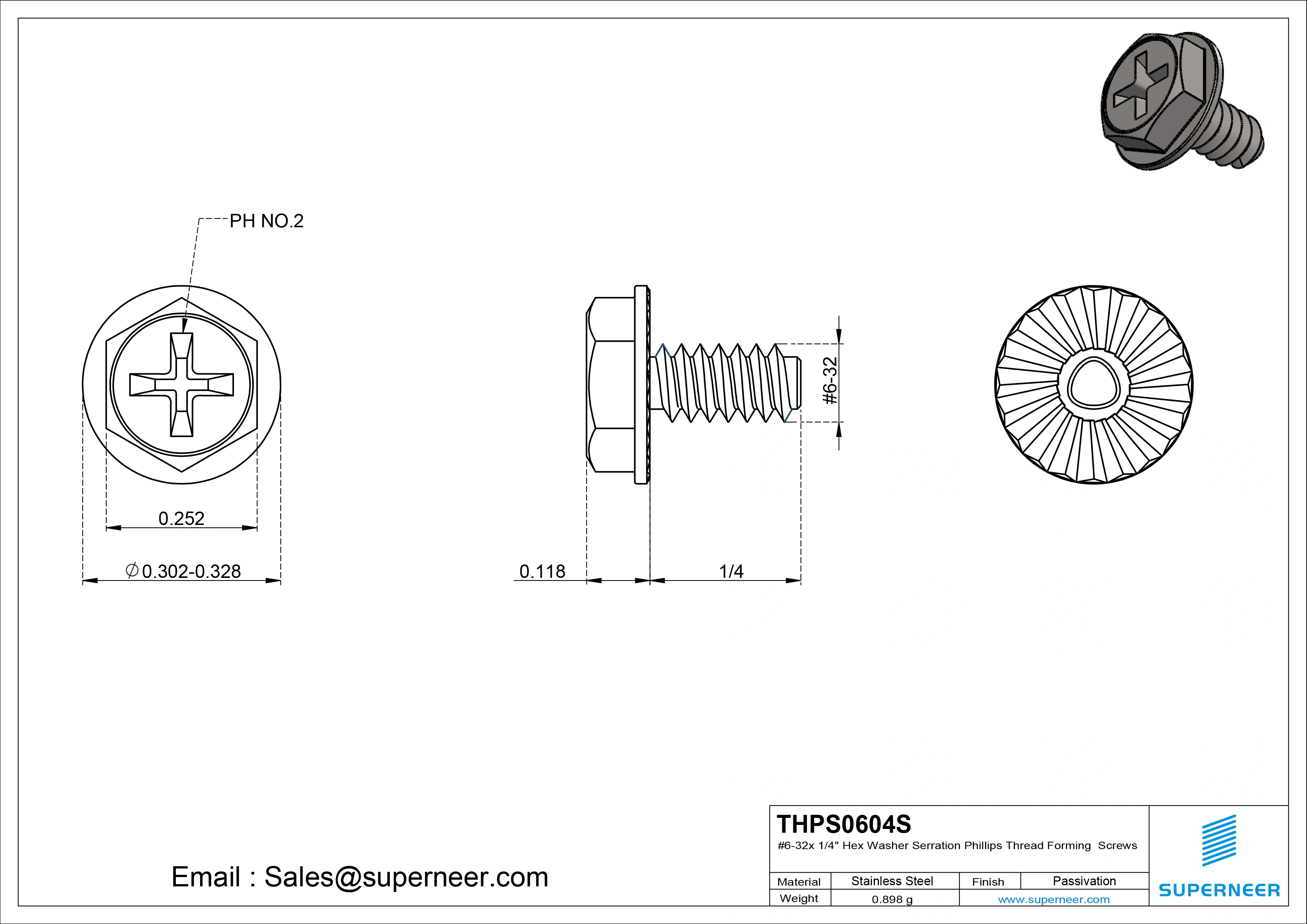 6-32 &times; 1/4 Hex Washer Serration Phillips Thread Forming  Screws for Metal  SUS304 Stainless Steel Inox