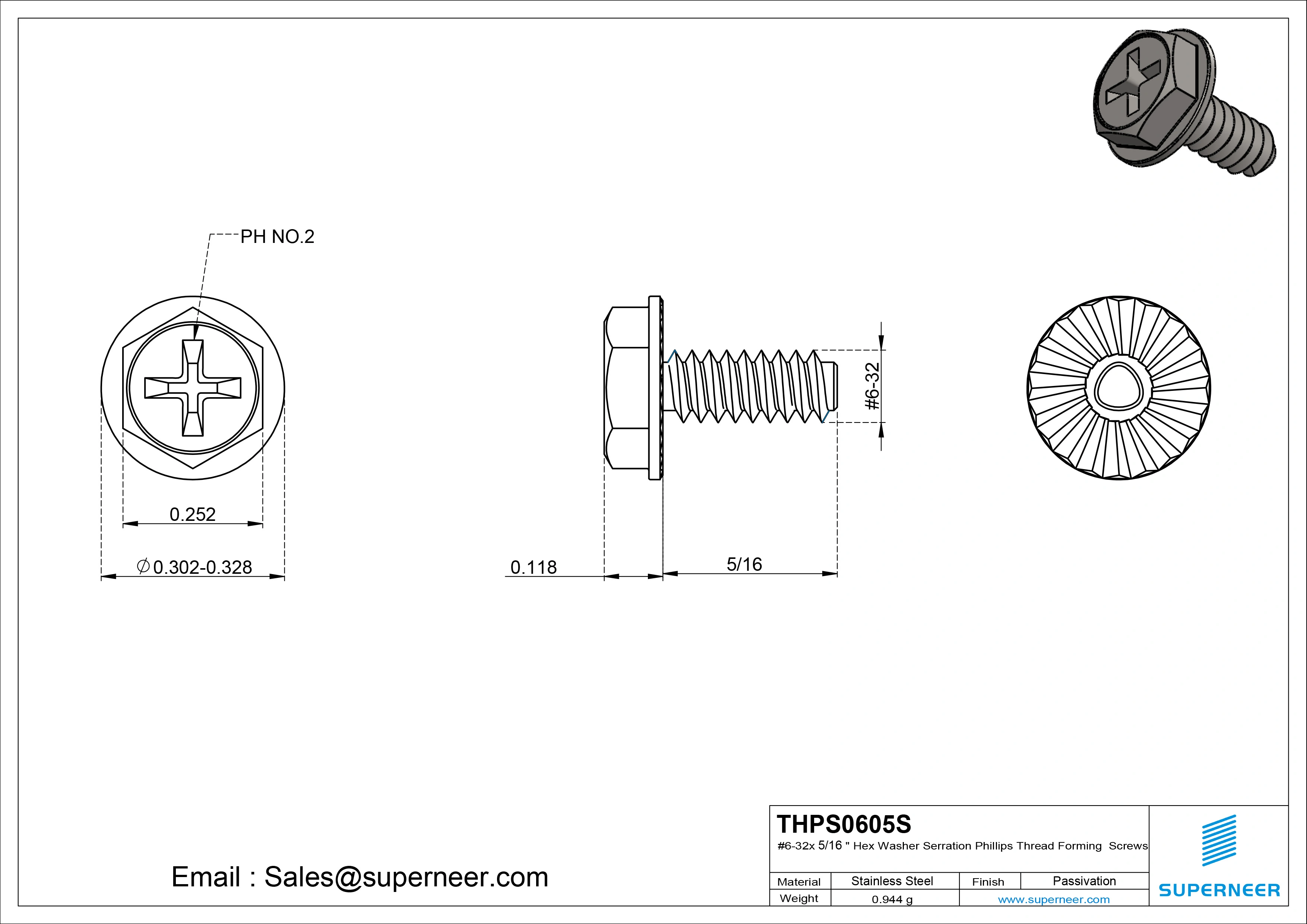 6-32 &times; 5/16 Hex Washer Serration Phillips Thread Forming  Screws for Metal  SUS304 Stainless Steel Inox
