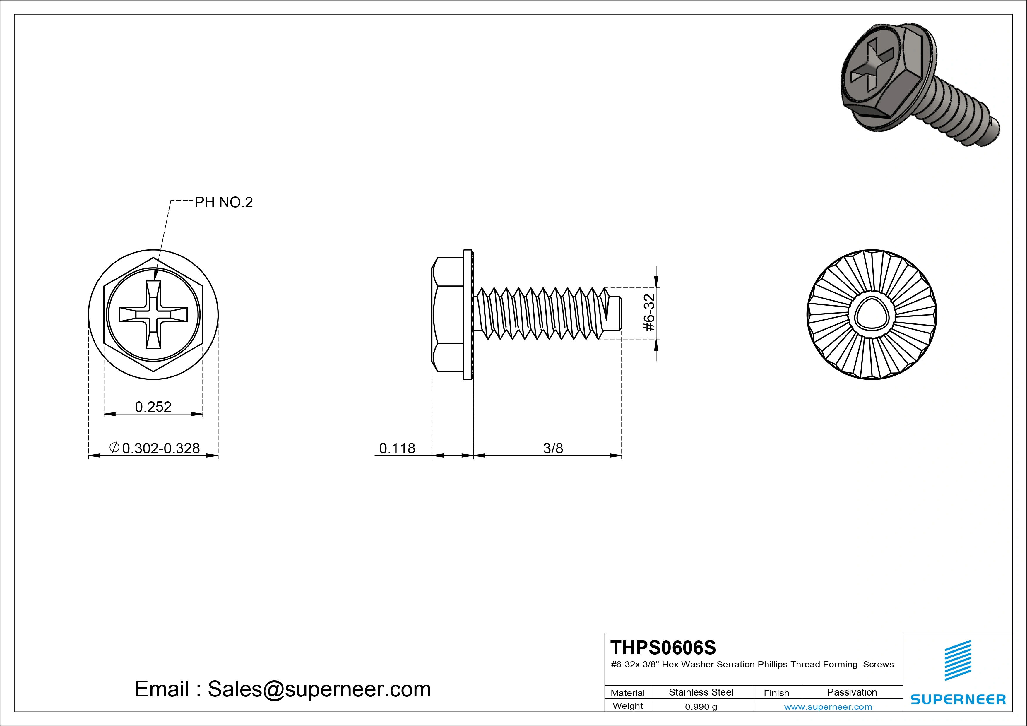 6-32 &times; 3/8 Hex Washer Serration Phillips Thread Forming  Screws for Metal  SUS304 Stainless Steel Inox