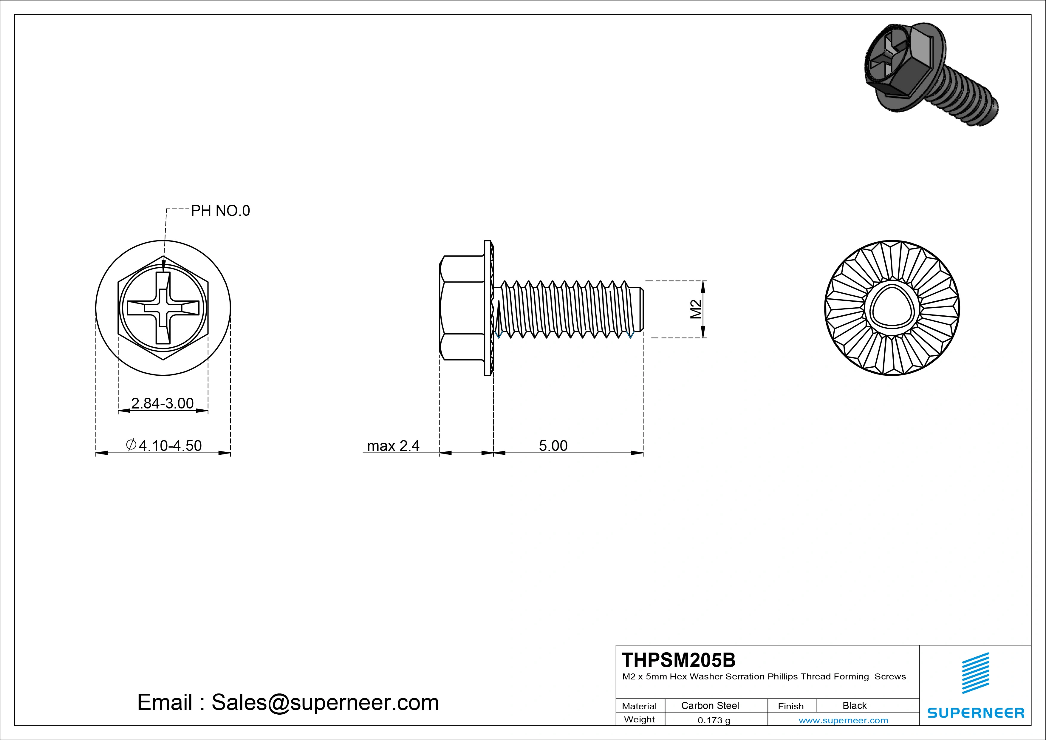 M2 &times; 5mm Indented Hex Washer Serrattion Phillips Thread Forming Screws for Metal Steel Black