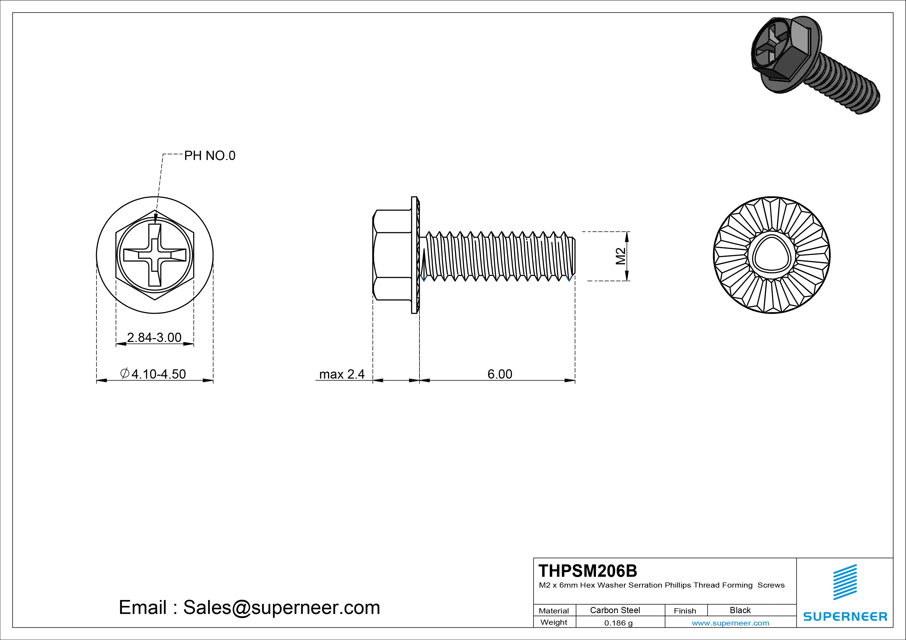 M2 &times; 6mm Indented Hex Washer Serrattion Phillips Thread Forming Screws for Metal Steel Black