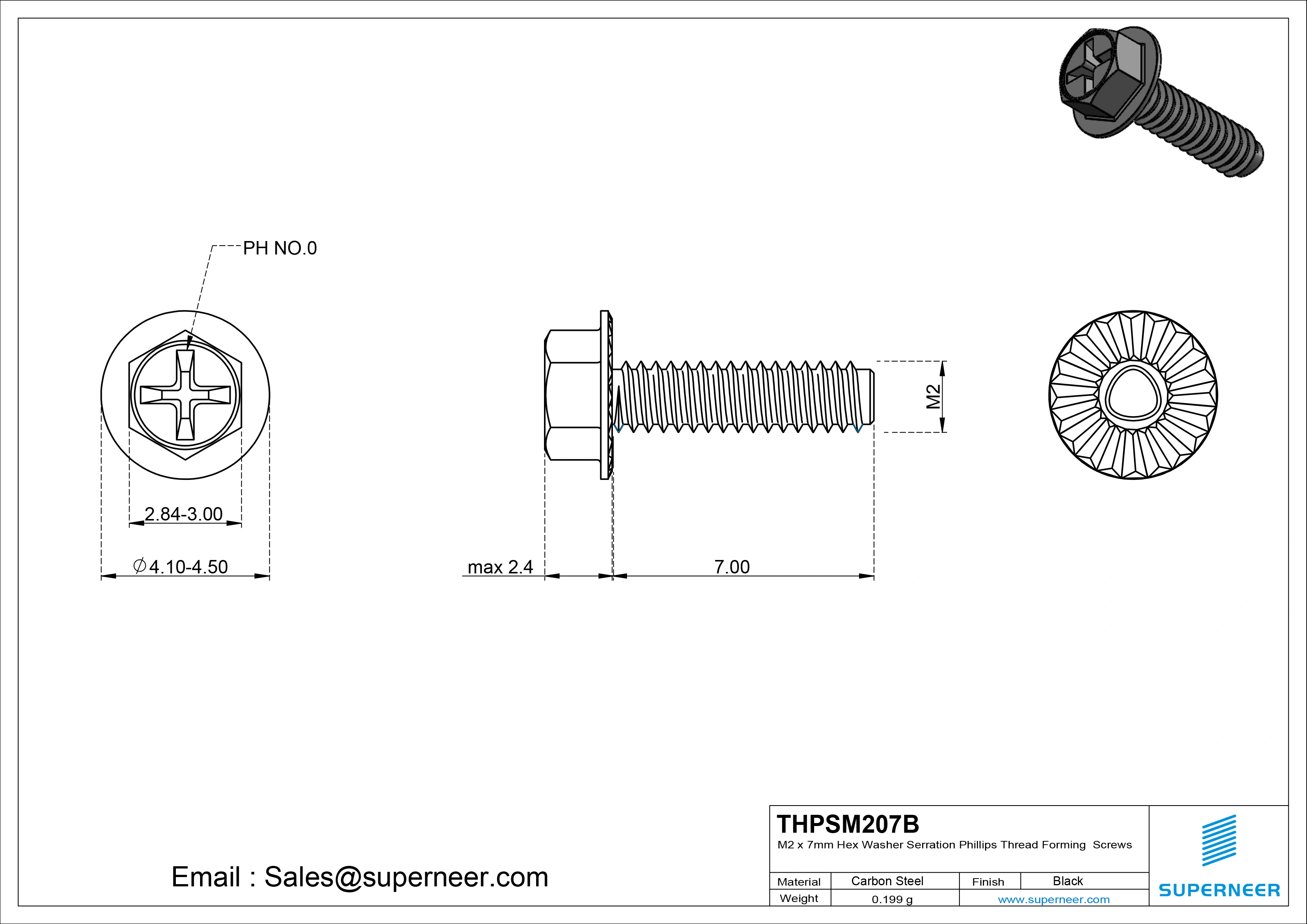 M2 &times; 7mm Indented Hex Washer Serrattion Phillips Thread Forming Screws for Metal Steel Black