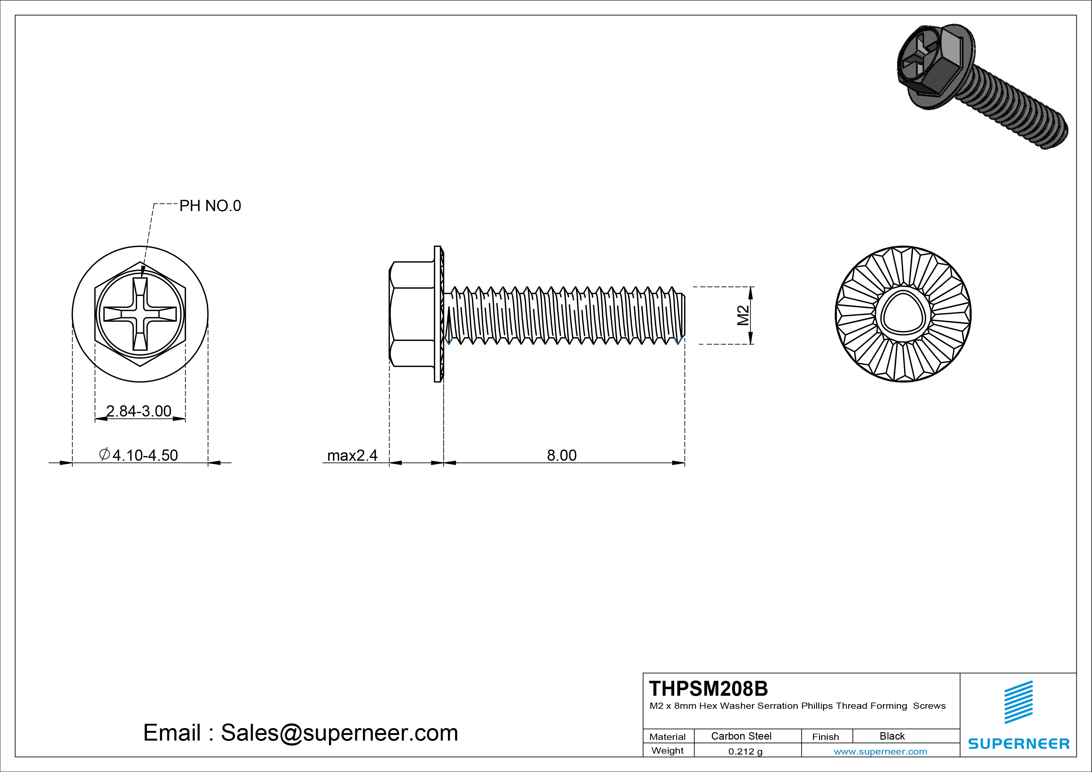 M2 &times; 8mm Indented Hex Washer Serrattion Phillips Thread Forming Screws for Metal Steel Black