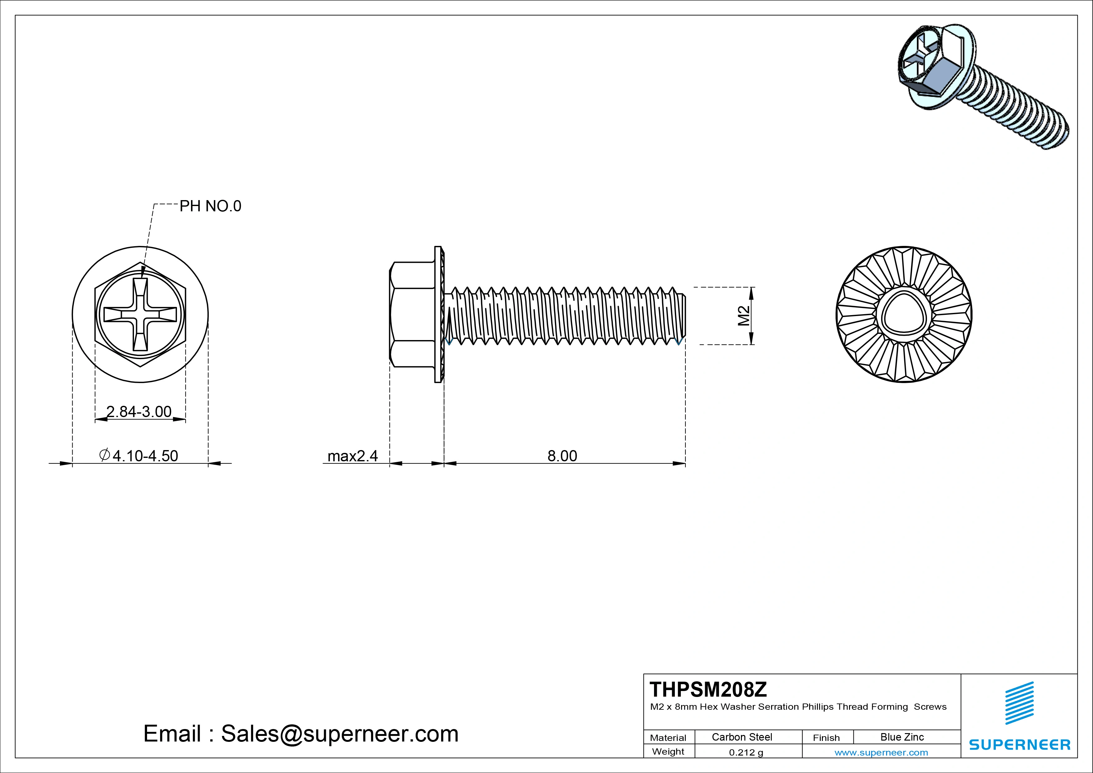 M2 &times; 8mm Indented Hex Washer Serrattion Phillips Thread Forming Screws for Metal Steel Blue Zinc Plated