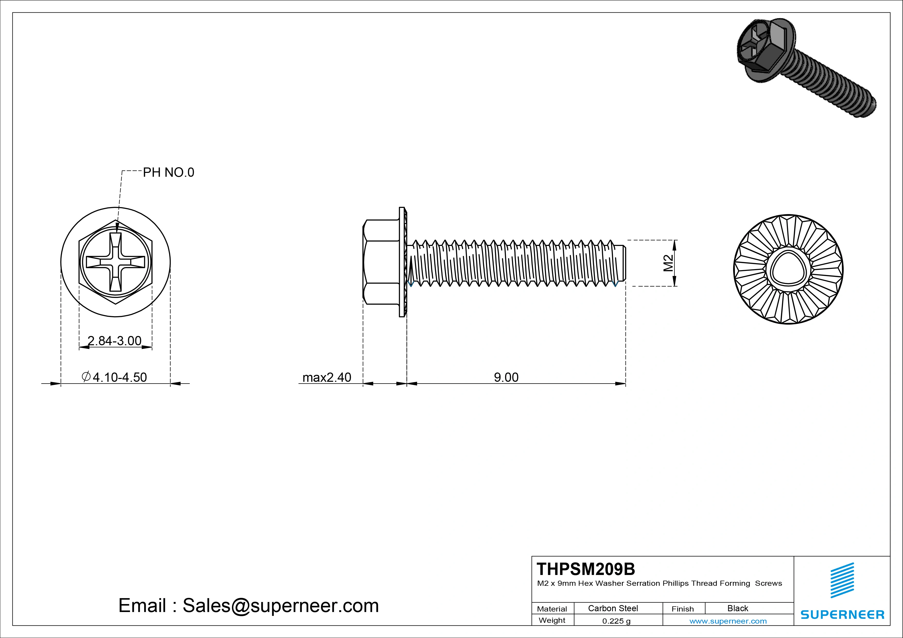 M2 &times; 9mm Indented Hex Washer Serrattion Phillips Thread Forming Screws for Metal Steel Black