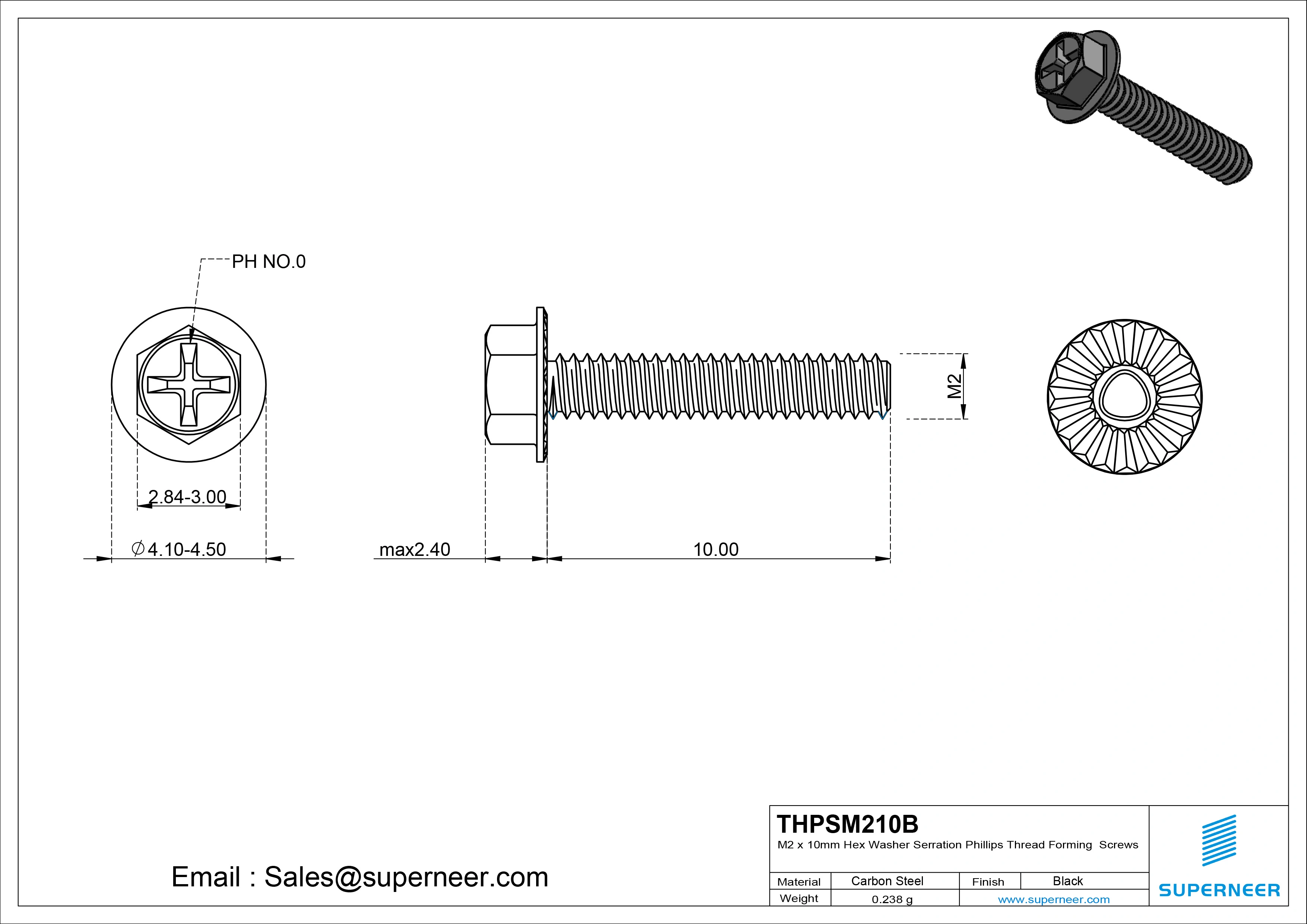 M2 &times; 10mm Indented Hex Washer Serrattion Phillips Thread Forming Screws for Metal Steel Black